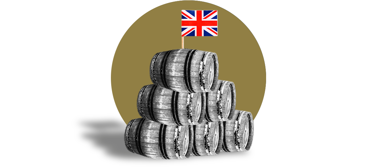 A view of whiskey barrels stacked on top of each other with the Union Jack flying above