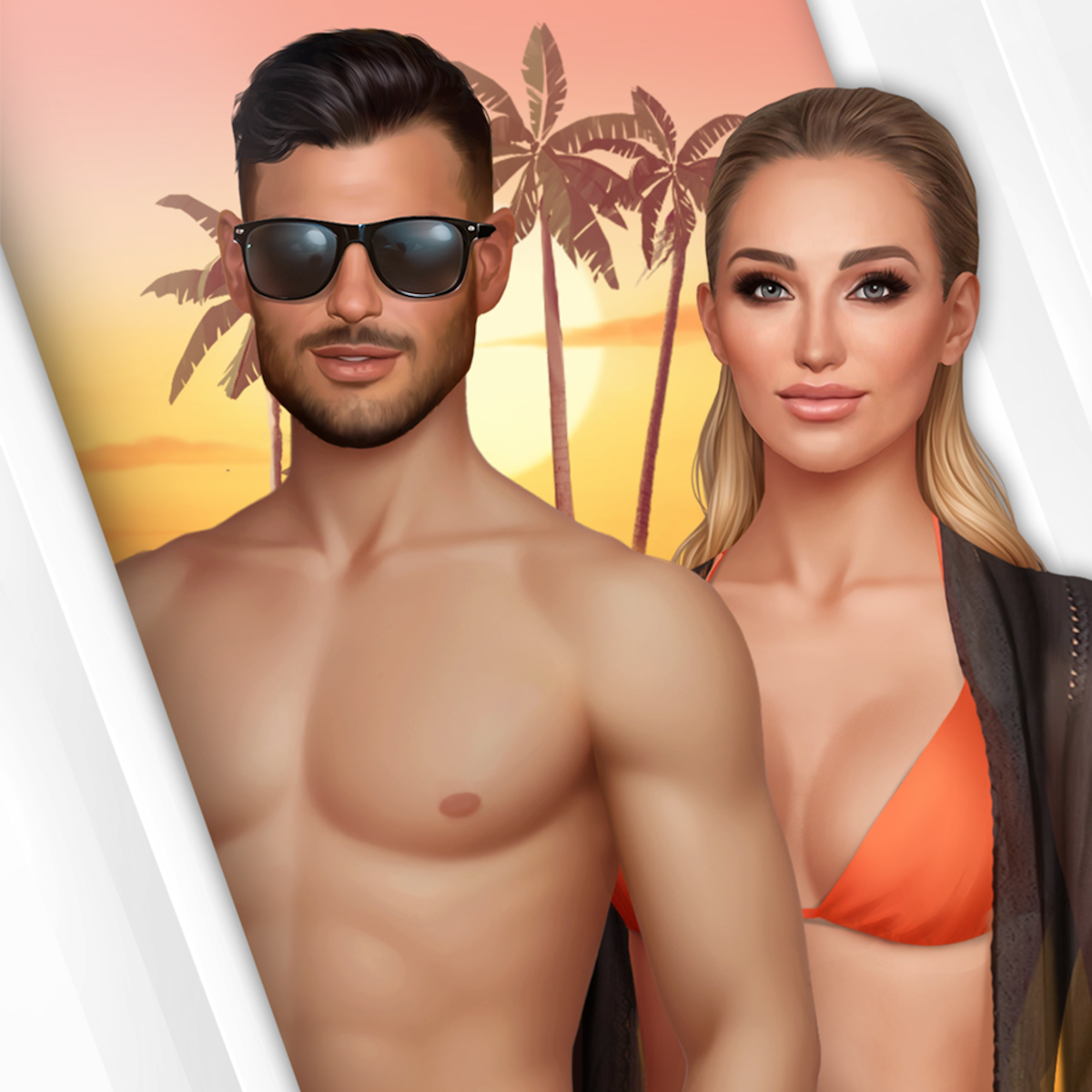 An in-game screenshot for the mobile game ‘Netflix Stories: Selling Sunset’, featuring a man and a woman in beachwear in front of palm trees.