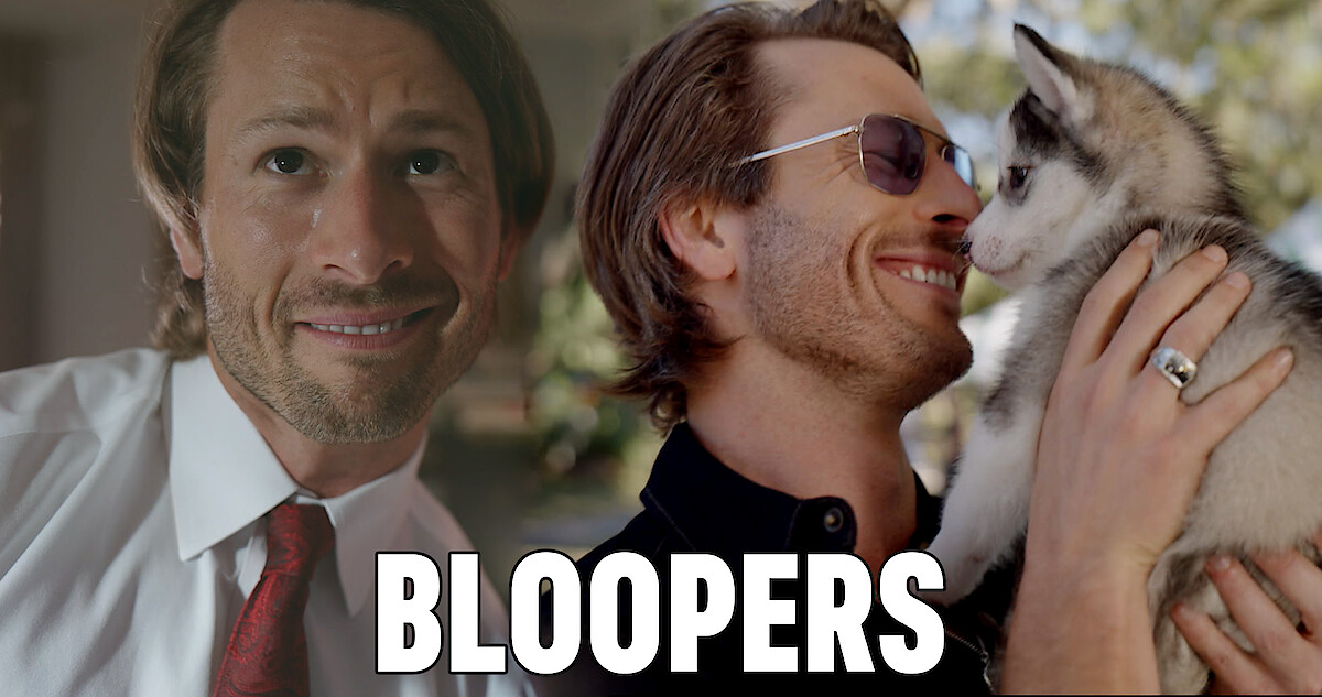 On the left, Glen Powell (Gary Johnson) flashing a goofy grin. On the right, Glen smiles at a Siberian Husky puppy he's holding. The word "Bloopers" is written in block letters in front.