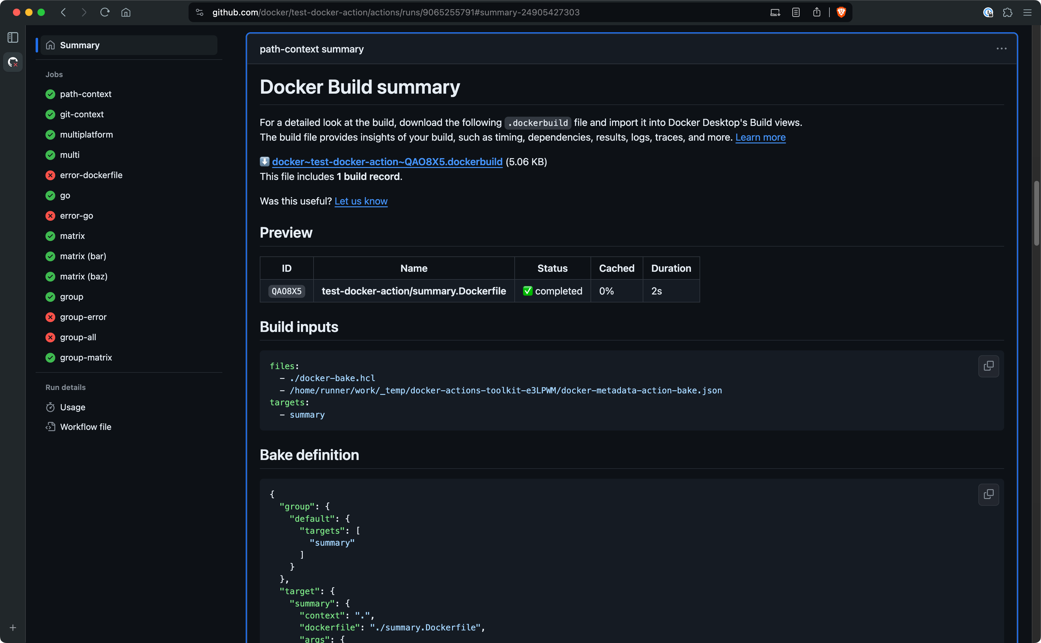 A GitHub Actions build summary