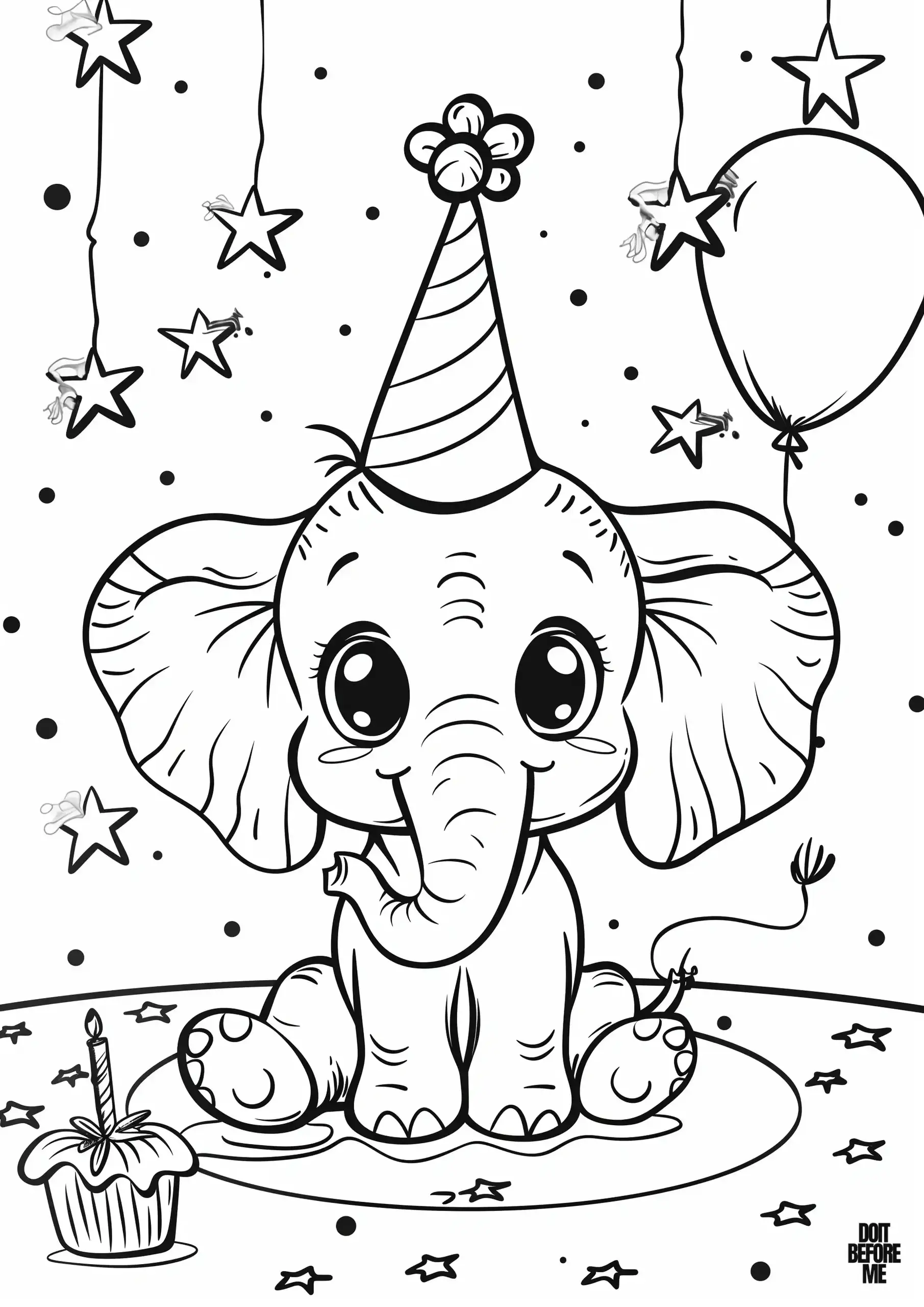 Baby elephant wearing a party hat, sitting among stars, balloons, and a cupcake for birthday celebration.