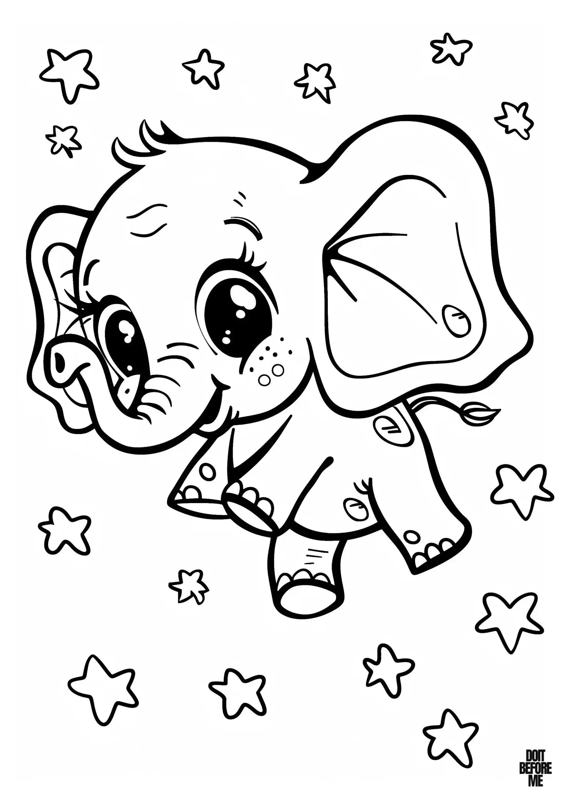 Playful baby elephant surrounded by stars.