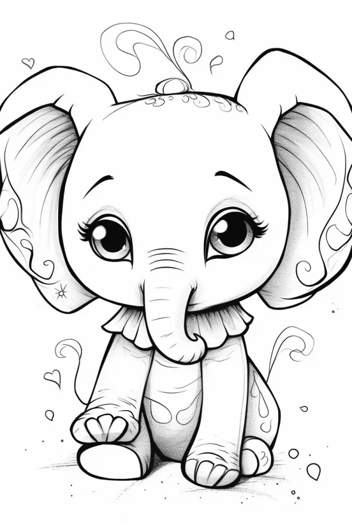 Cheerful baby elephant with hearts and swirls around its head.