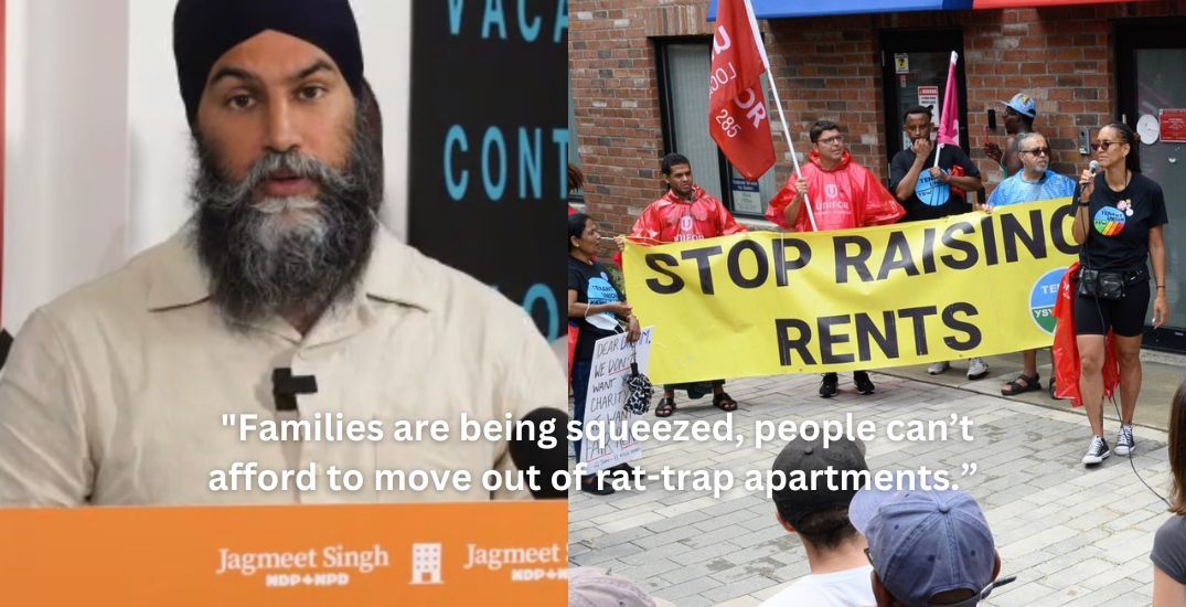 NDP leader Jagmeet Singh at a press conference on Monday (NDP) | York South-Weston Tenant Union protesting evictions over tenants joining the Rent Strike (@YSWtenants/X)