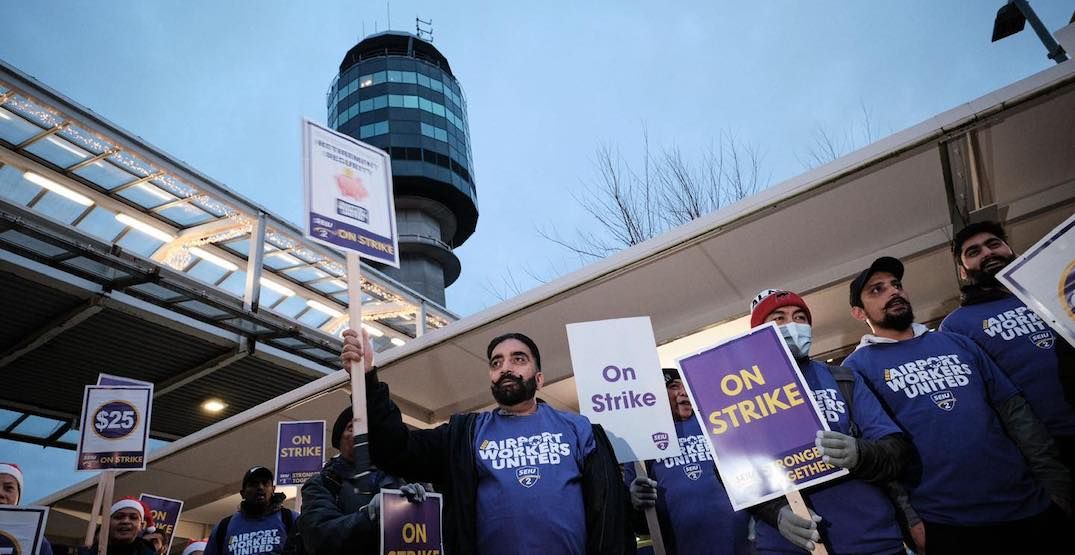 Striking janitors at Vancouver International Airport, December 2024. (SEIU Local 2)