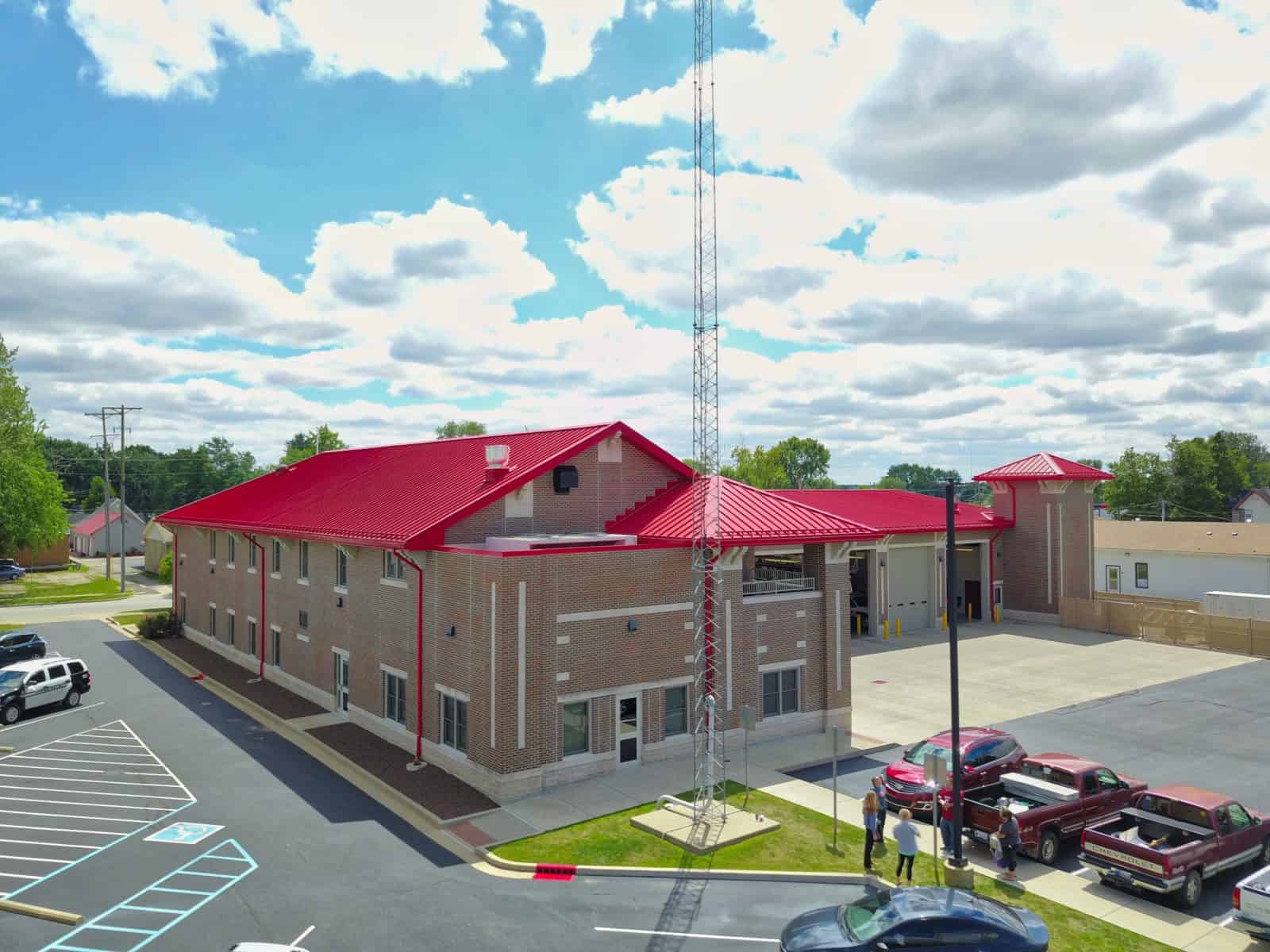 Martinsville building with red roof drone photo