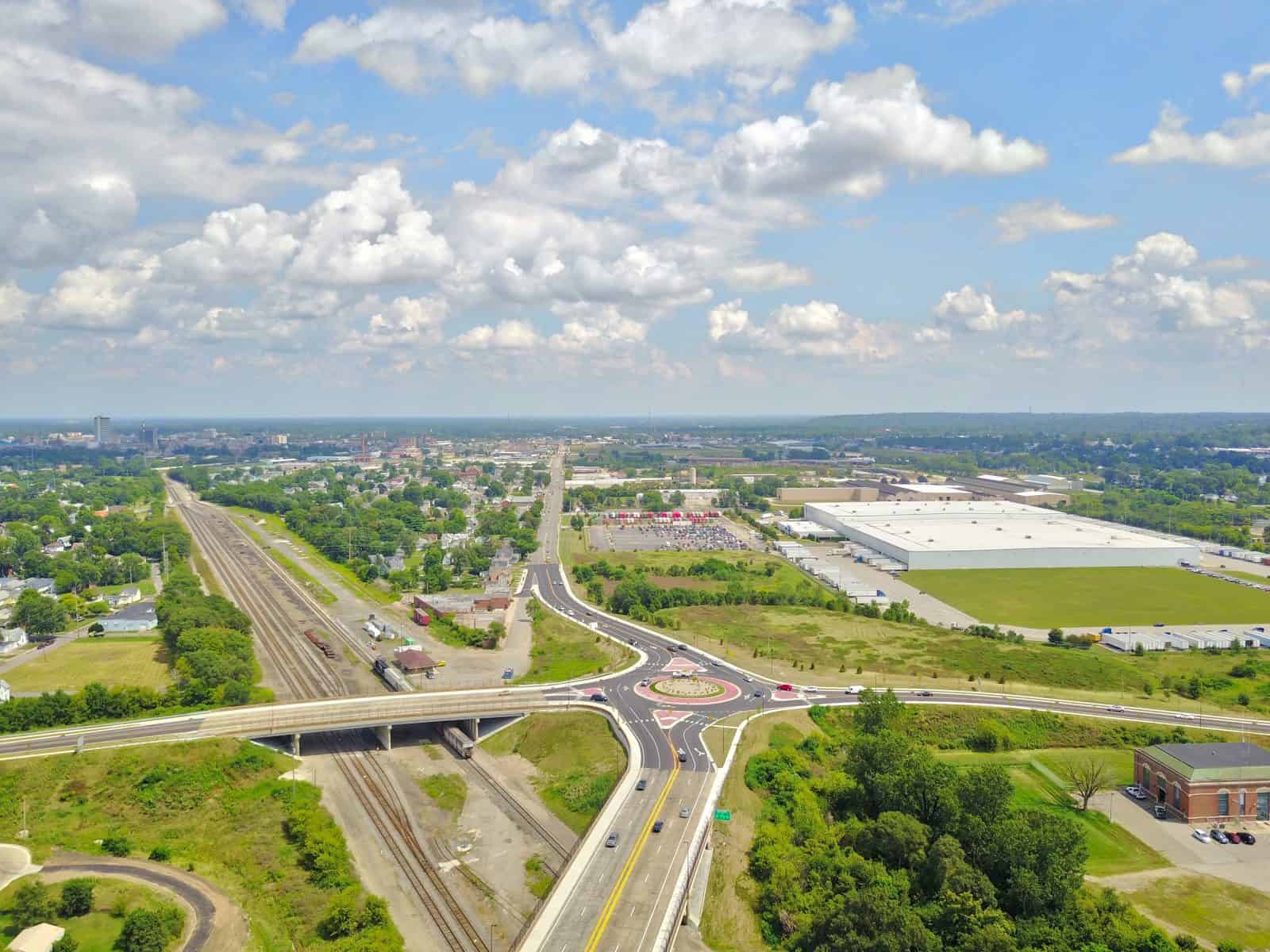 two bridges crossing over railroad tracks in Indiana