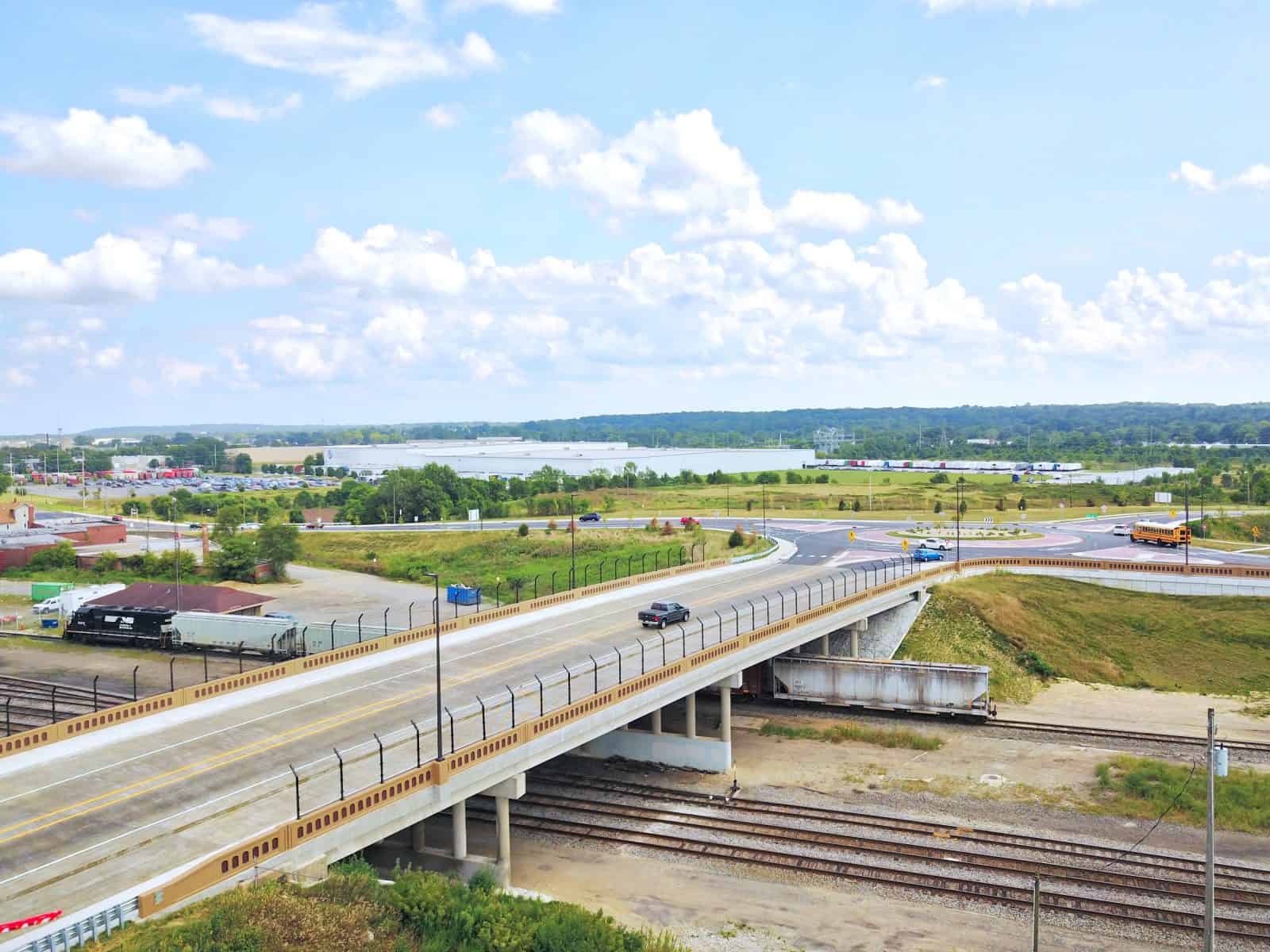 newly constructed bridge with truck driving over it in Indiana