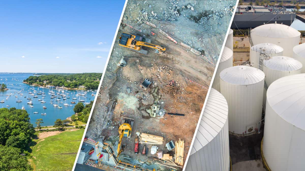 aerial drone photo collage of sail boats on water, a construction site, and water towers