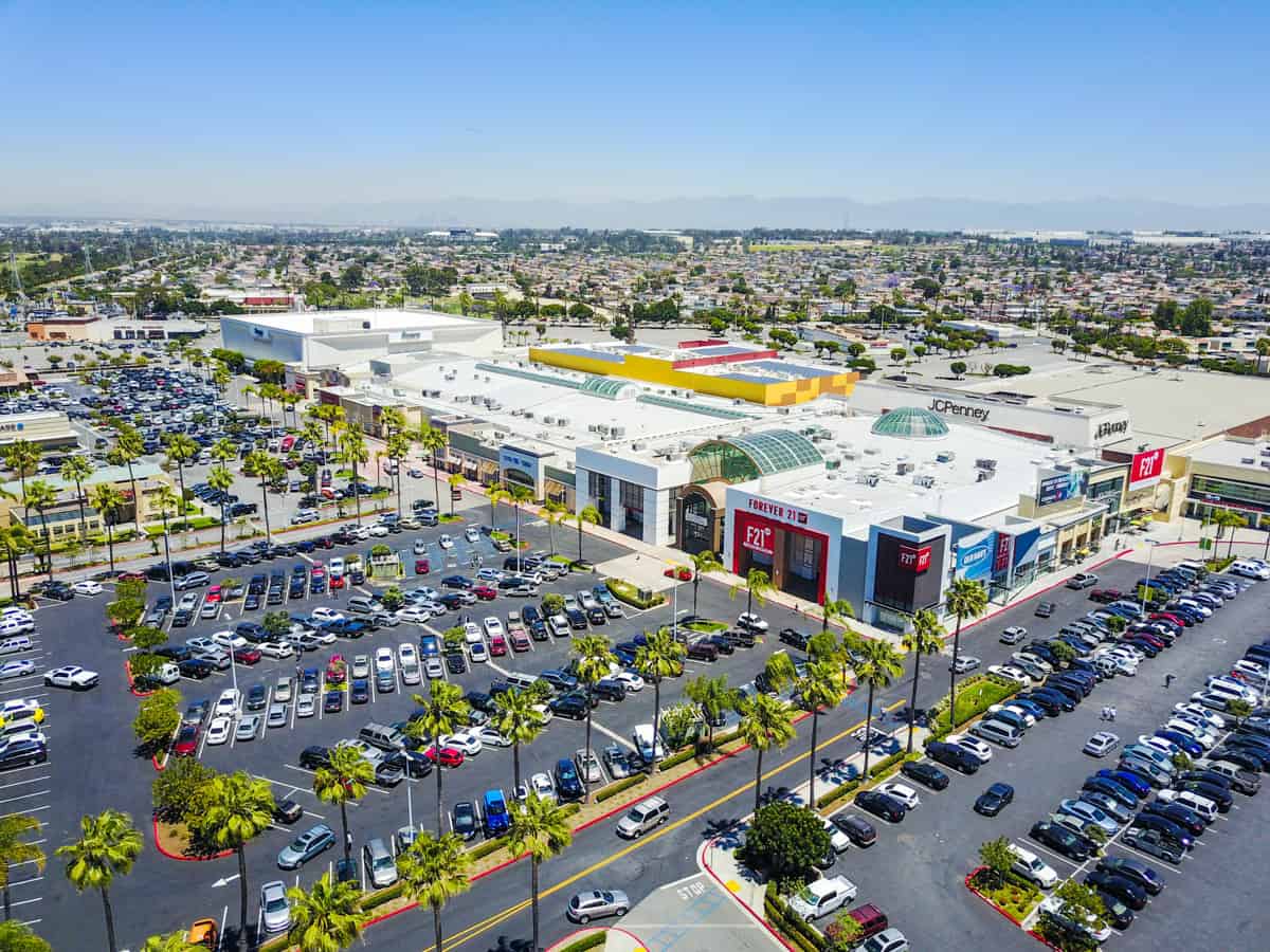 aerial drone photo of shopping mall and parking lot in Carson, CA