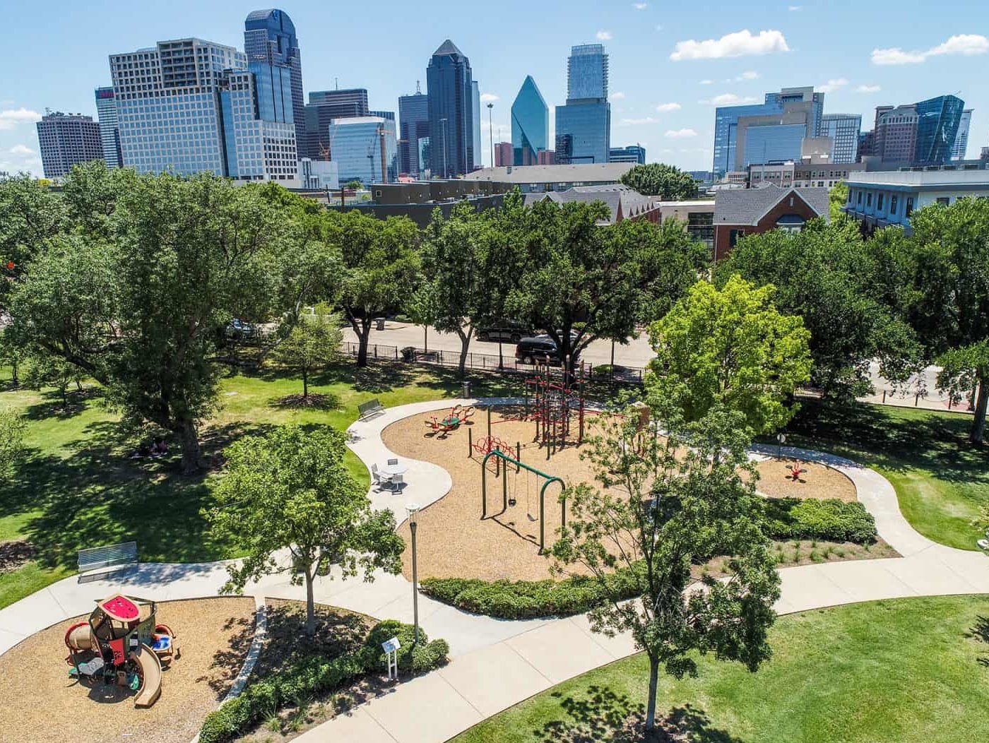 aerial drone photo of playground in park in Uptown Dallas, Texas