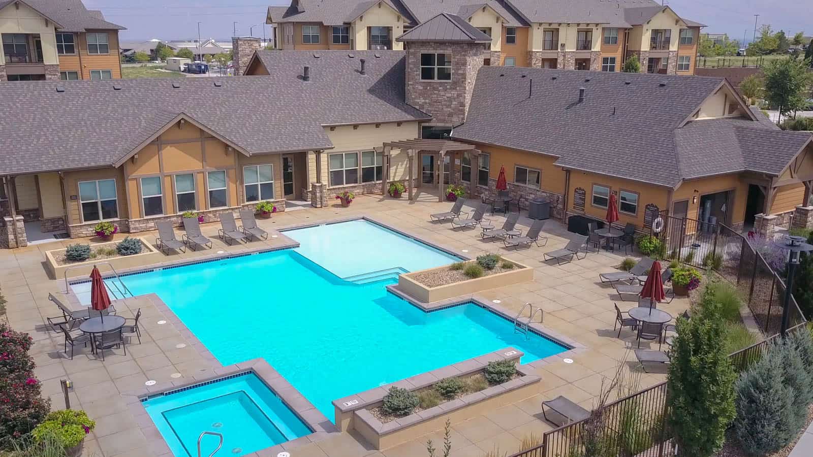 drone photo of swimming pool in apartment complex in Thornton, CO