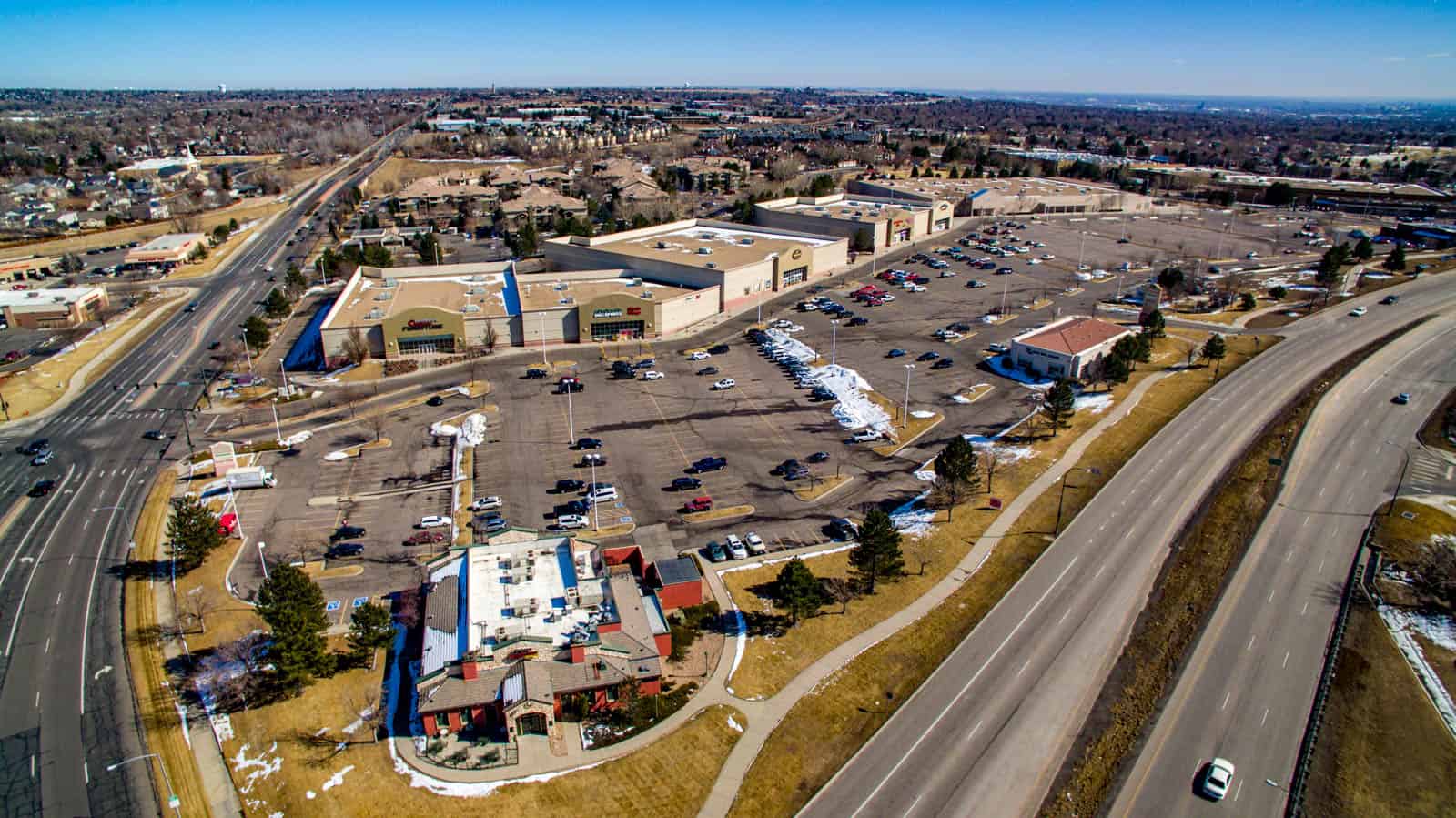 drone photo of commercial shopping plaza in Colorado