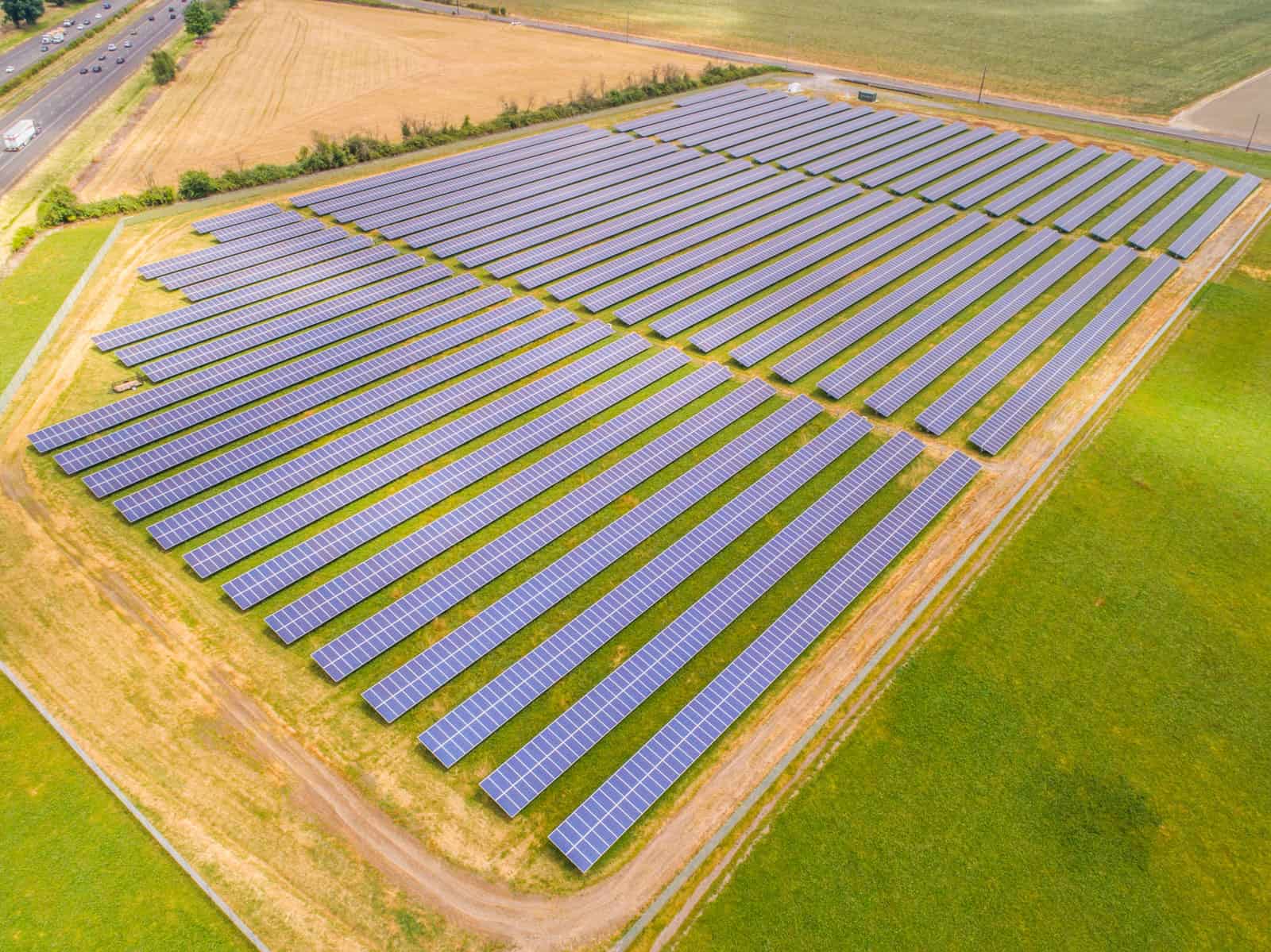 field of solar panels in Oregon drone photo