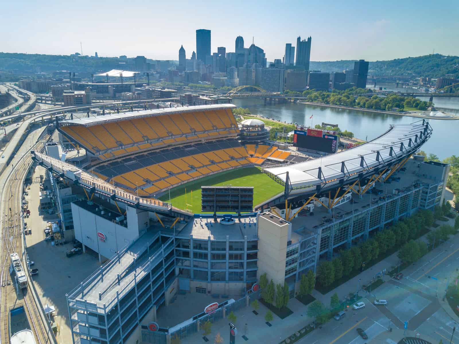 Heinz Field aerial drone photo with Pittsburg city in background