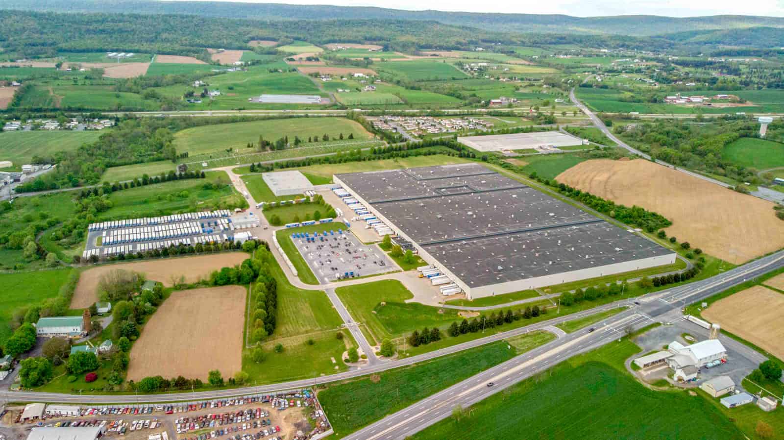 shipping warehouse aerial drone photo in Pennsylvania