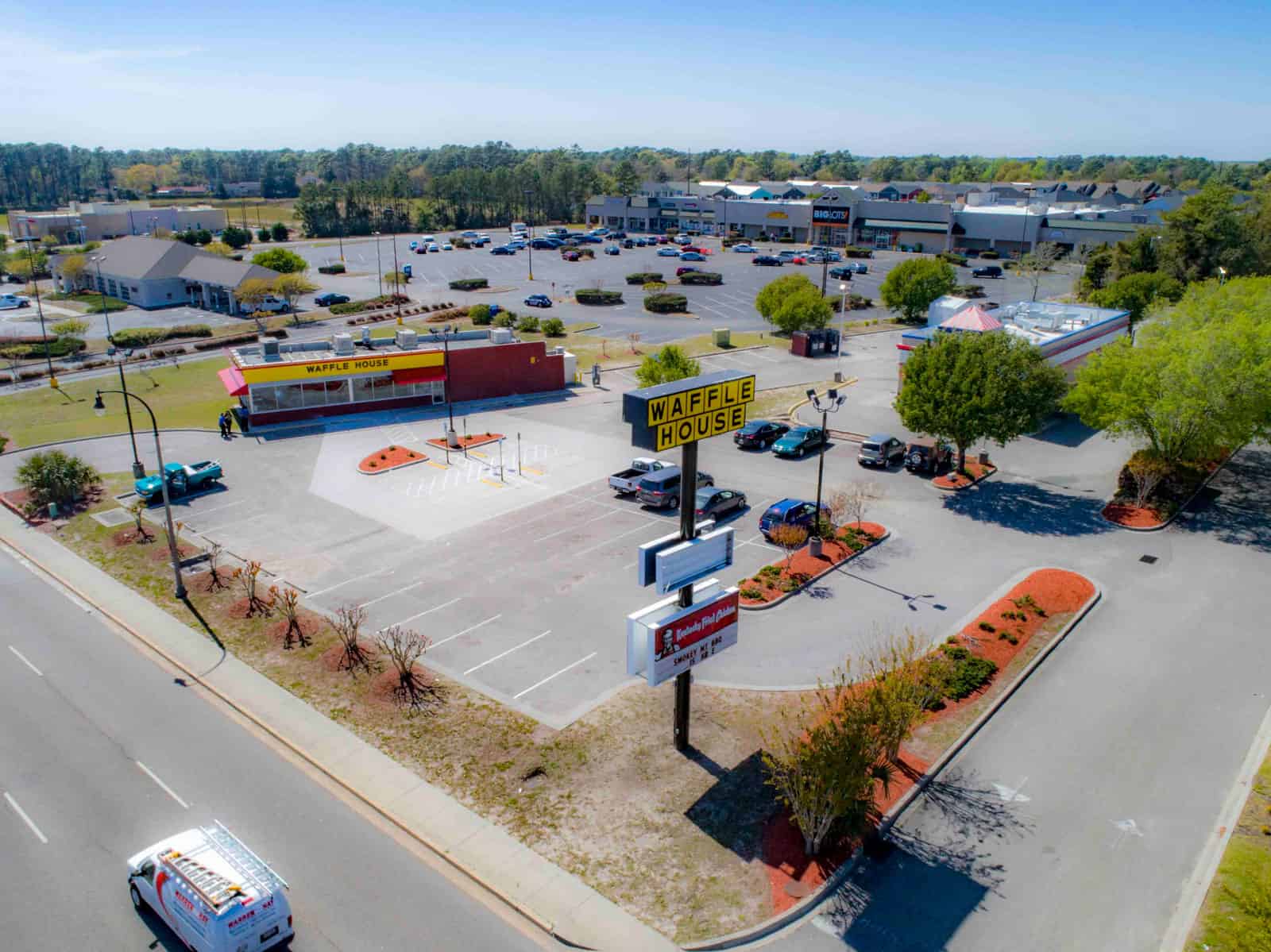 commercial real estate shopping plaza drone photo in South Carolina