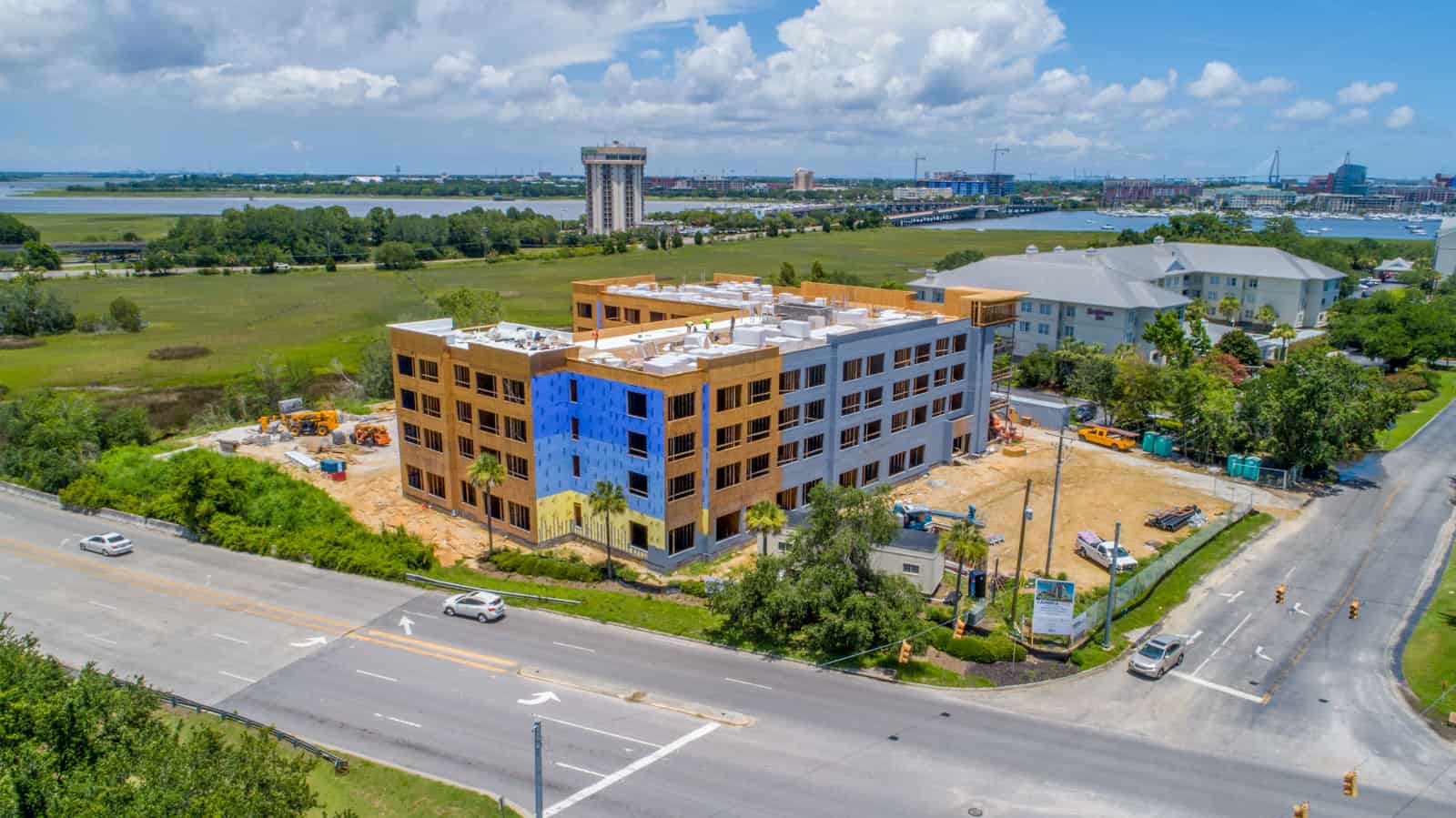 drone photo of office building under construction near coast in South Carolina