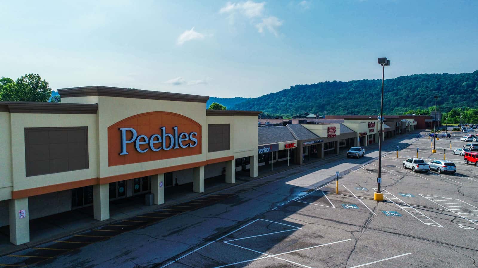 Peebles store aerial drone photo at shopping plaza in West Virginia