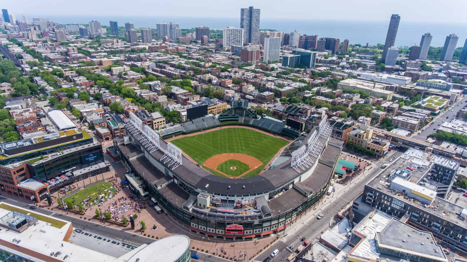 drone photo of Wrigley Stadium in Chicago, IL