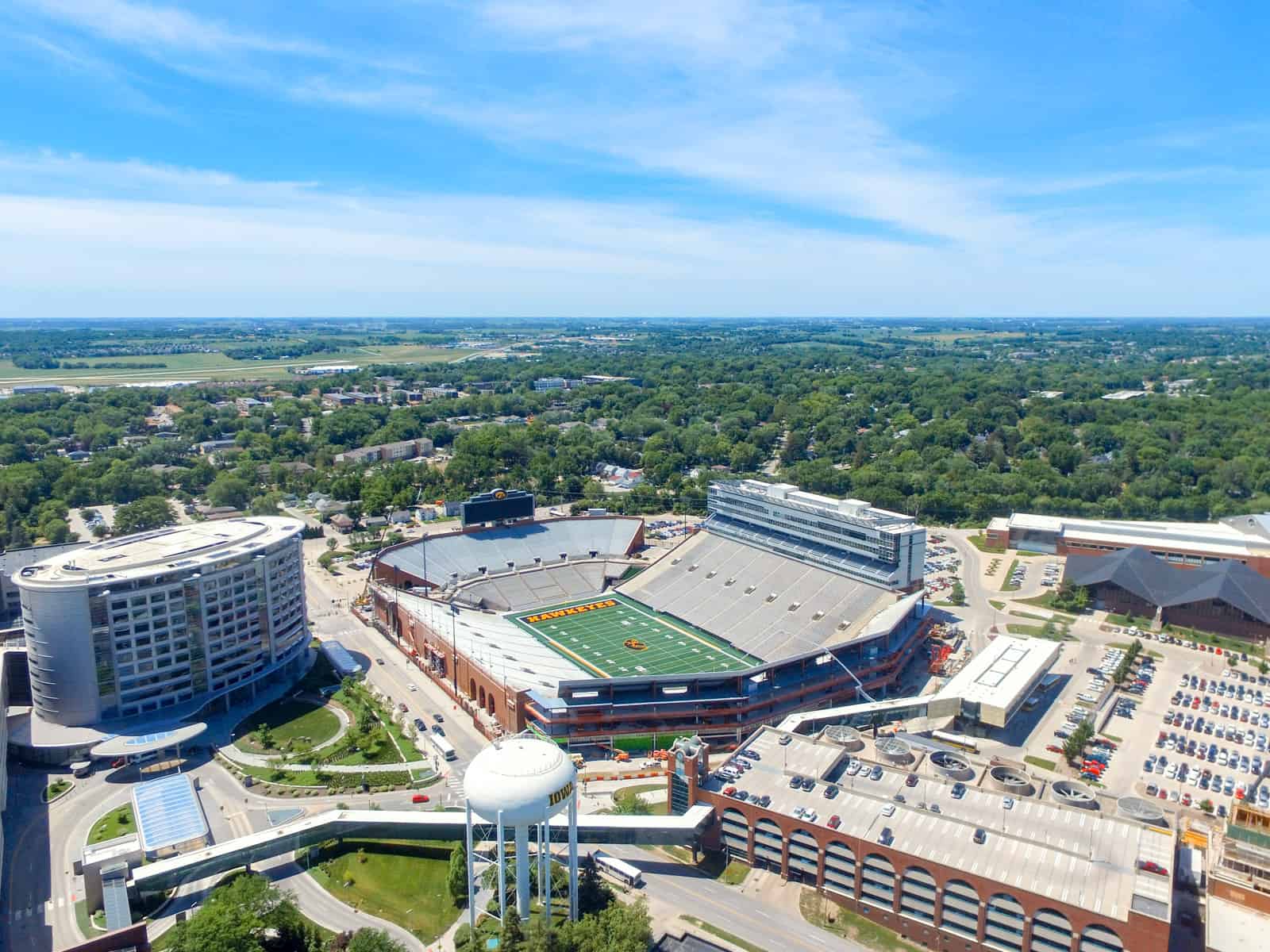 Iowa Hawkeyes stadium aerial photo with water tower in foreground