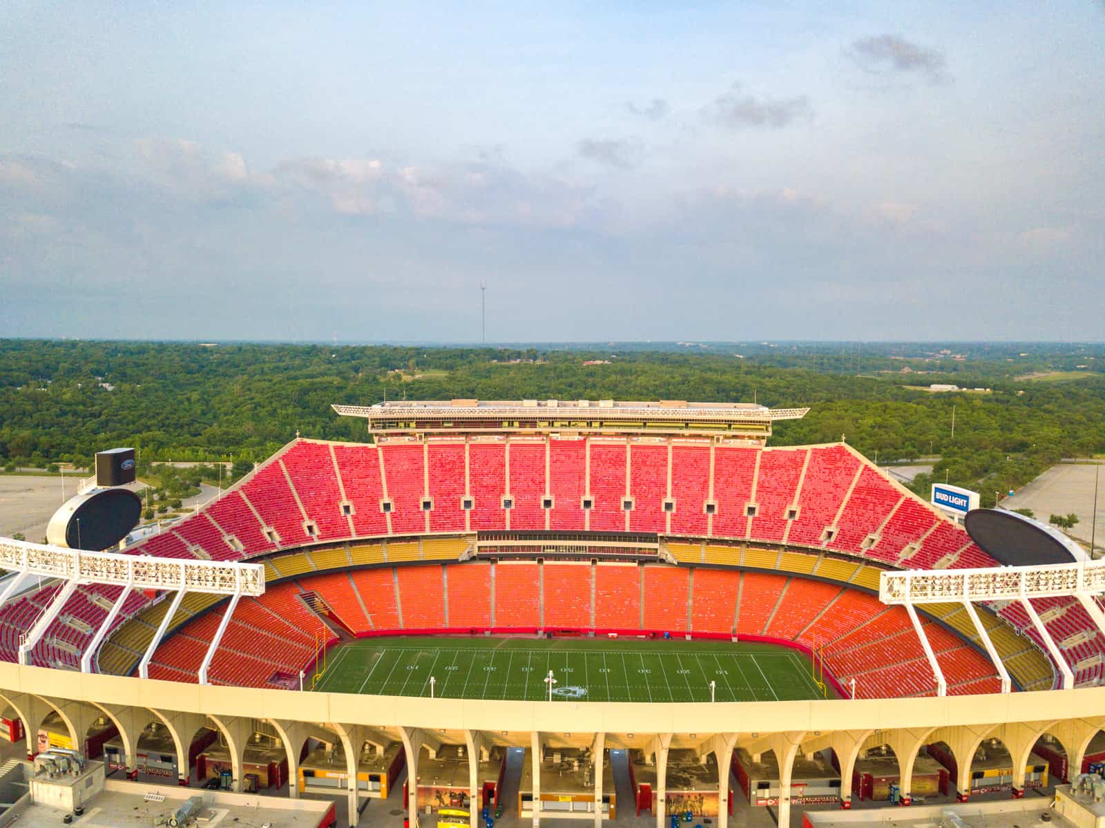 drone photo of Kansas Chiefs football stadium from the side