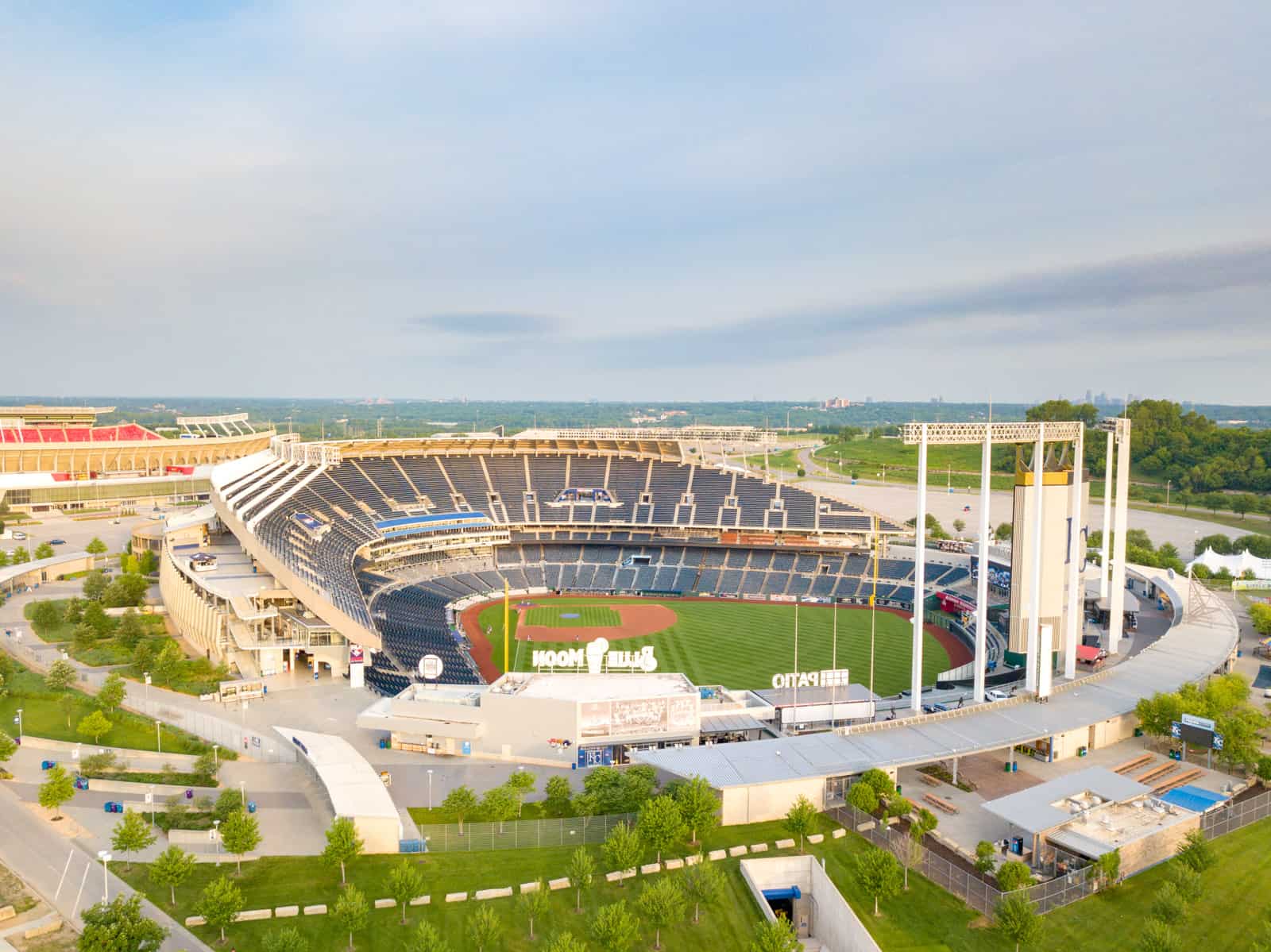 aerial drone photo of Kauffman Stadium in Kansas City, Missouri