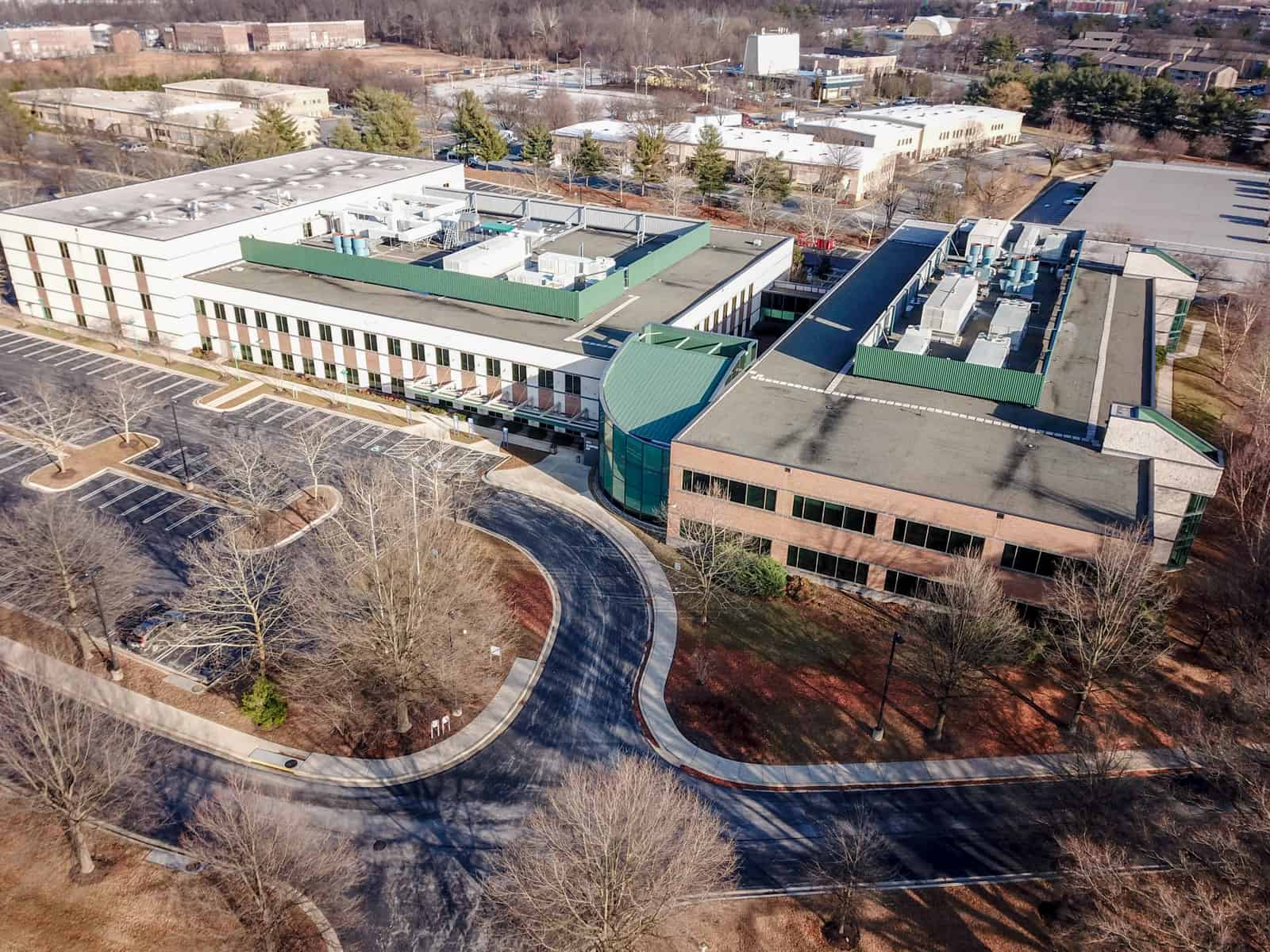 drone photo of office building in Maryland