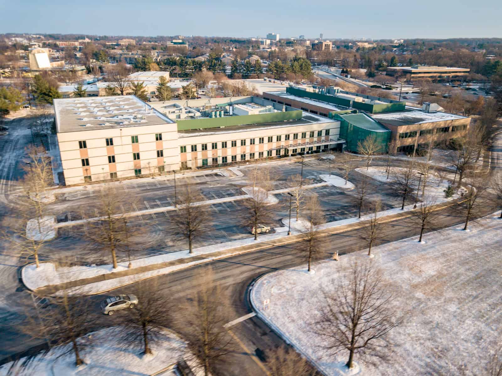 drone photo of office building in Maryland during the winter