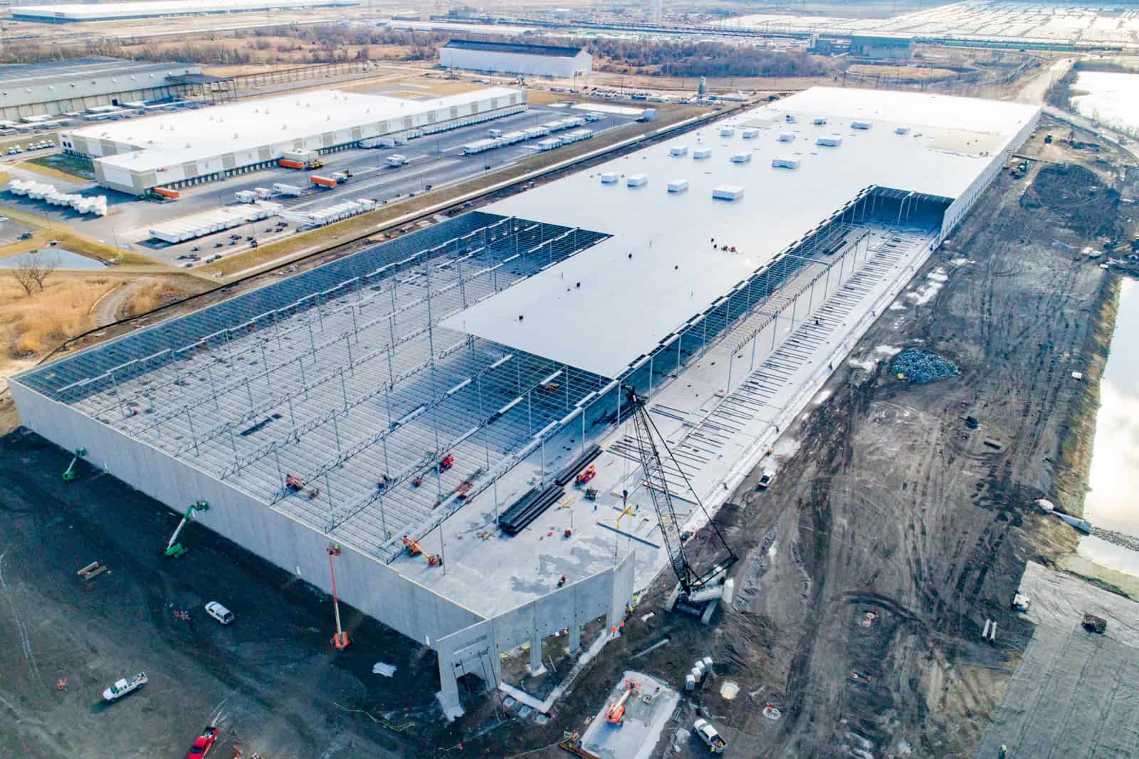 high altitude aerial drone photo of massive commercial shipping facility being built in Maryland