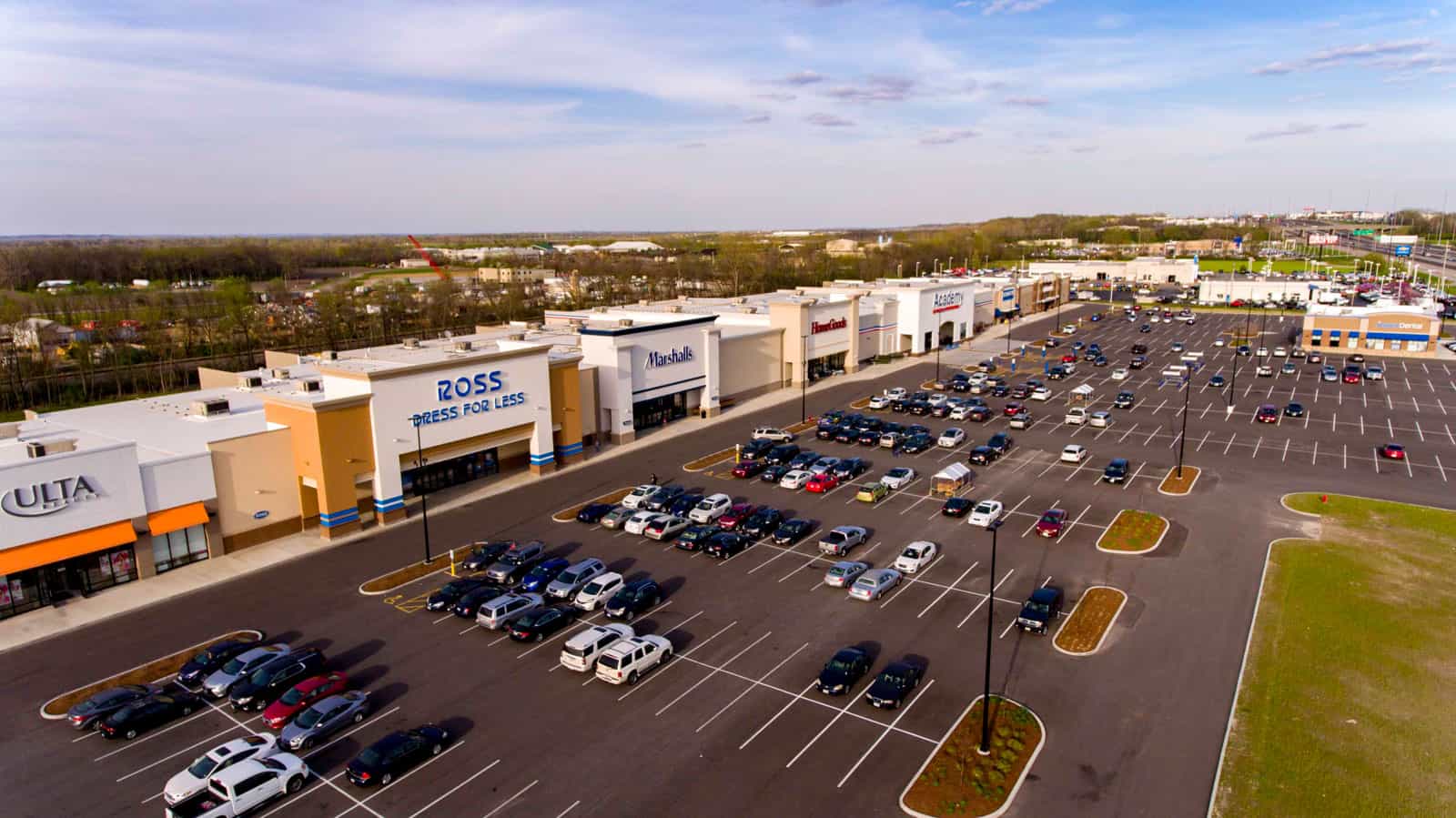 aerial drone photo of strip mall in Missouri