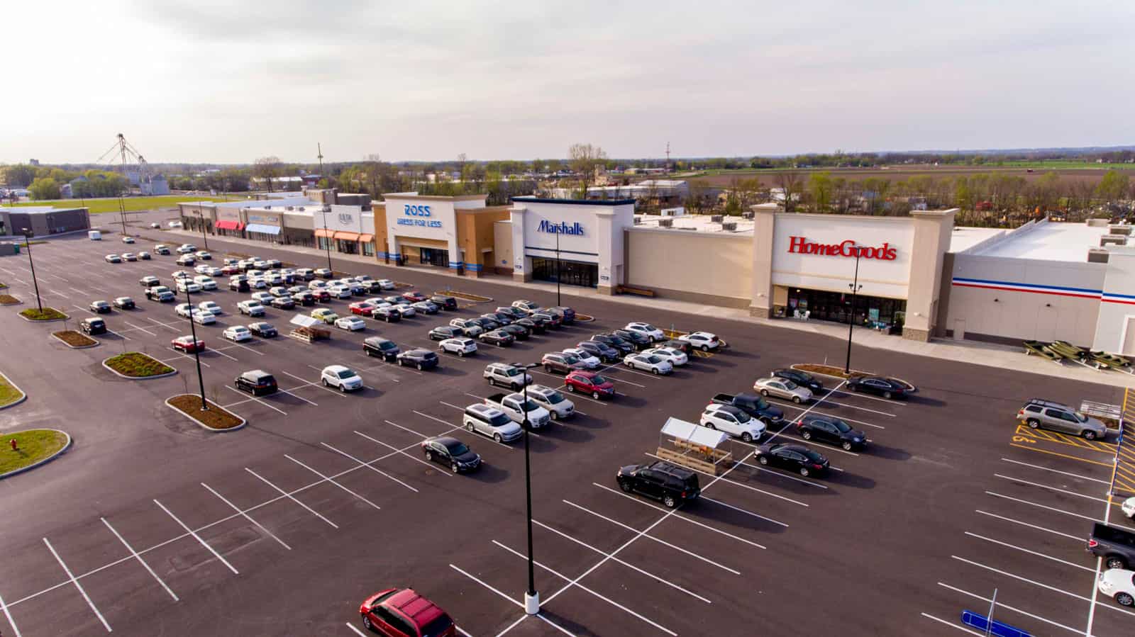 drone photo of strip mall in Missouri