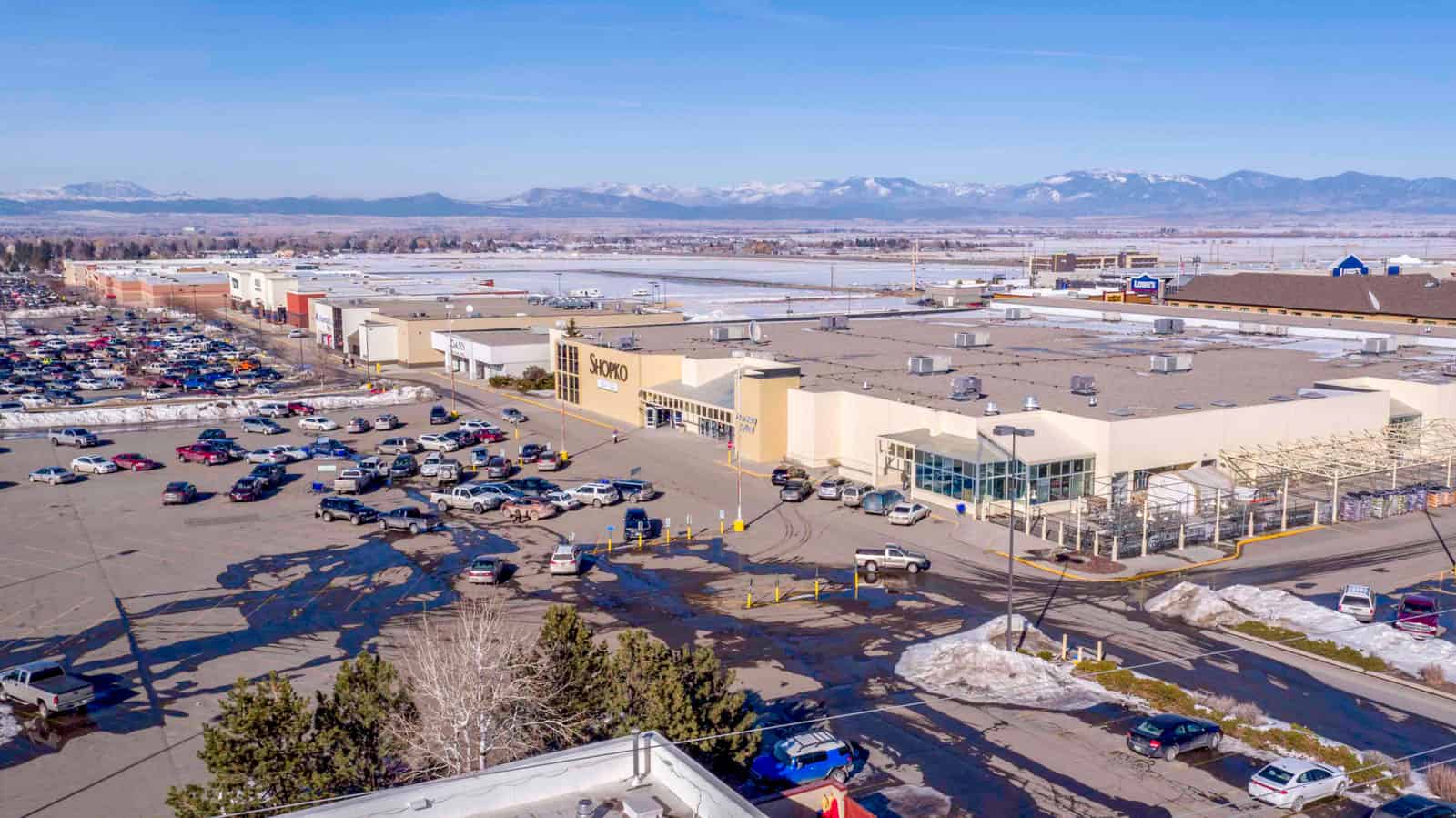 shopping plaza in Montana aerial drone photo with Shopko store