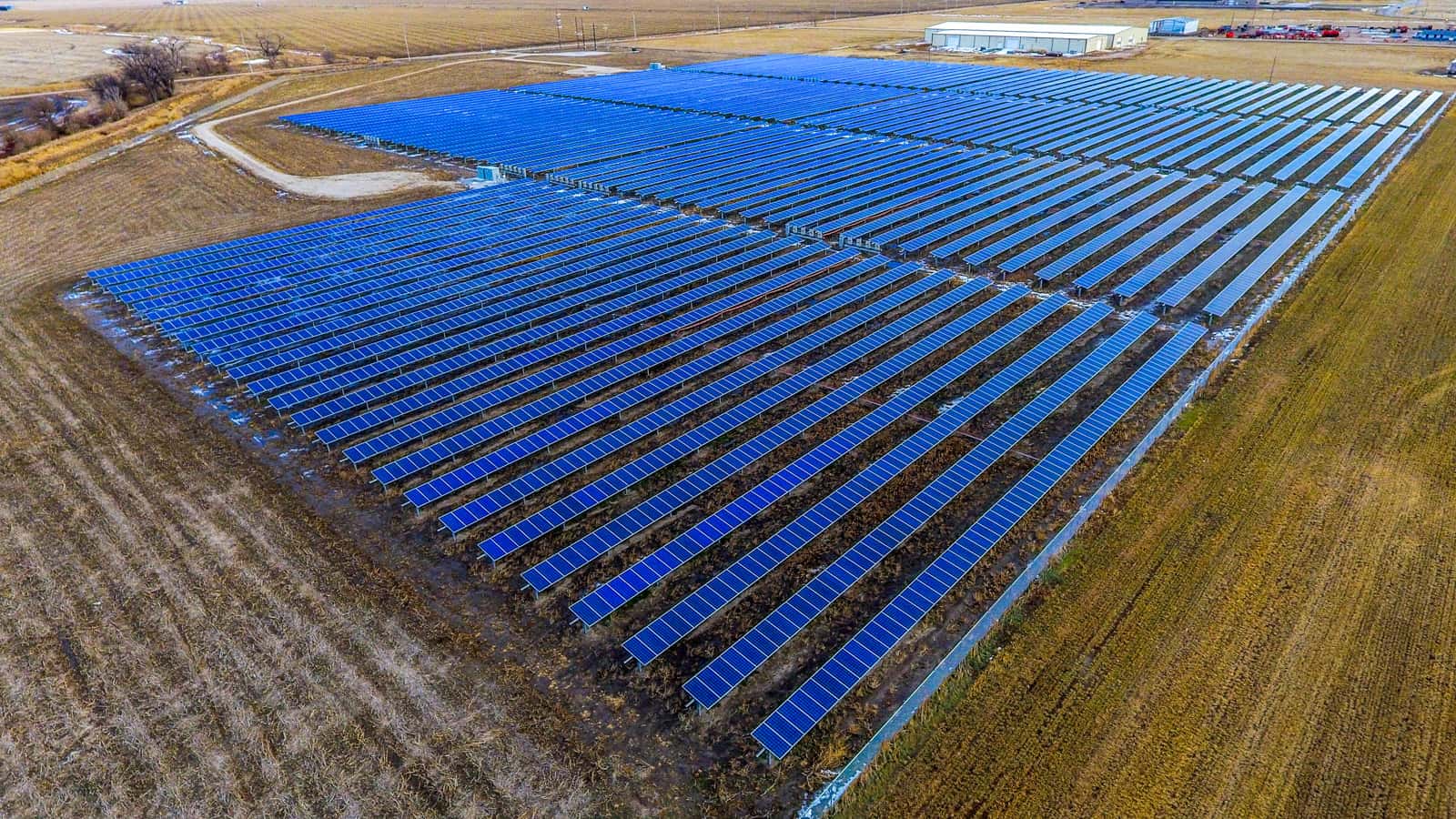 drone photo of solar panel array in field in Nebraska