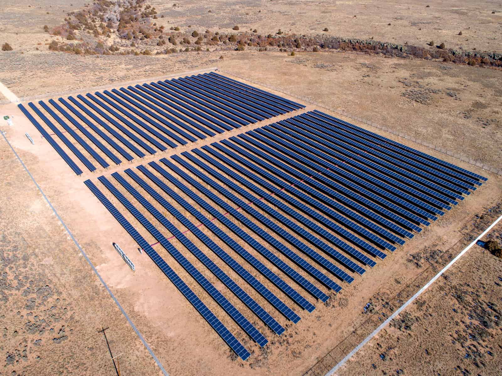 drone photo of solar panels in desert in New Mexico