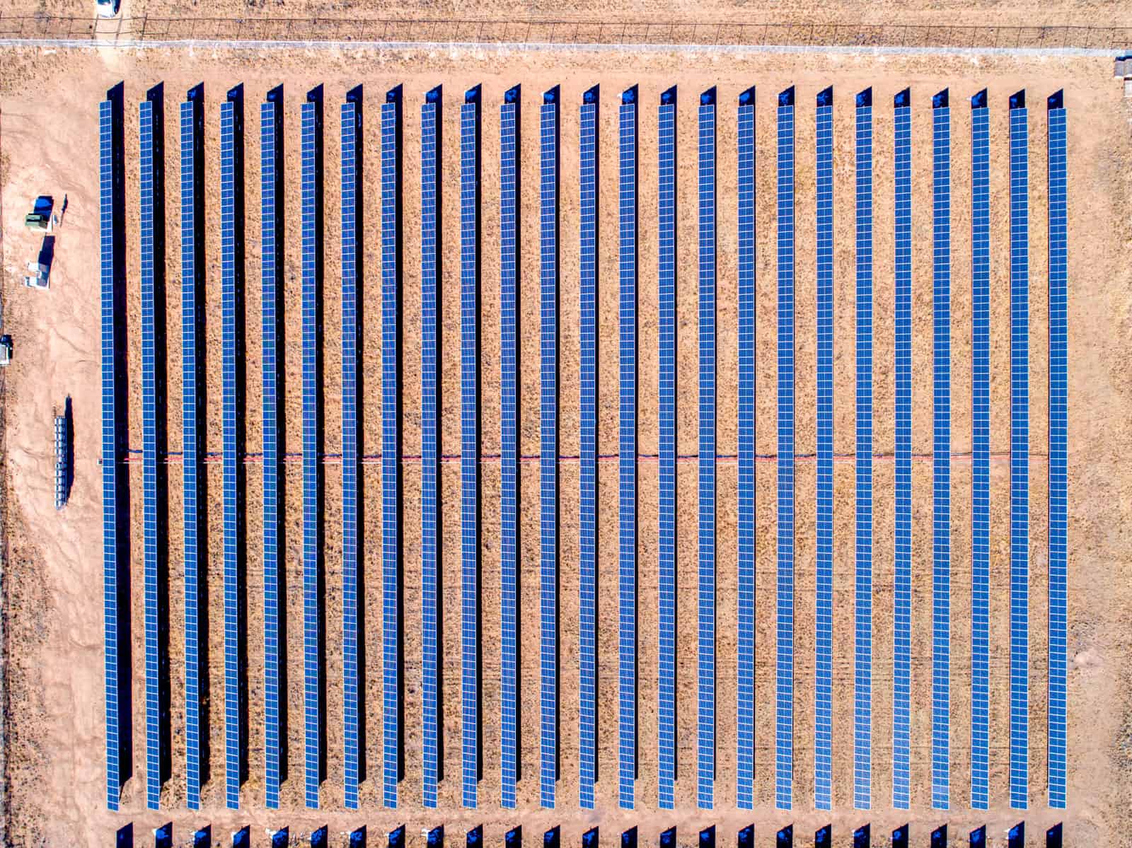 drone photo looking down on solar panels in New Mexico