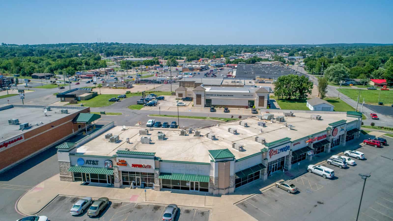 aerial drone photo of storefronts in commercial shopping center in Ohio