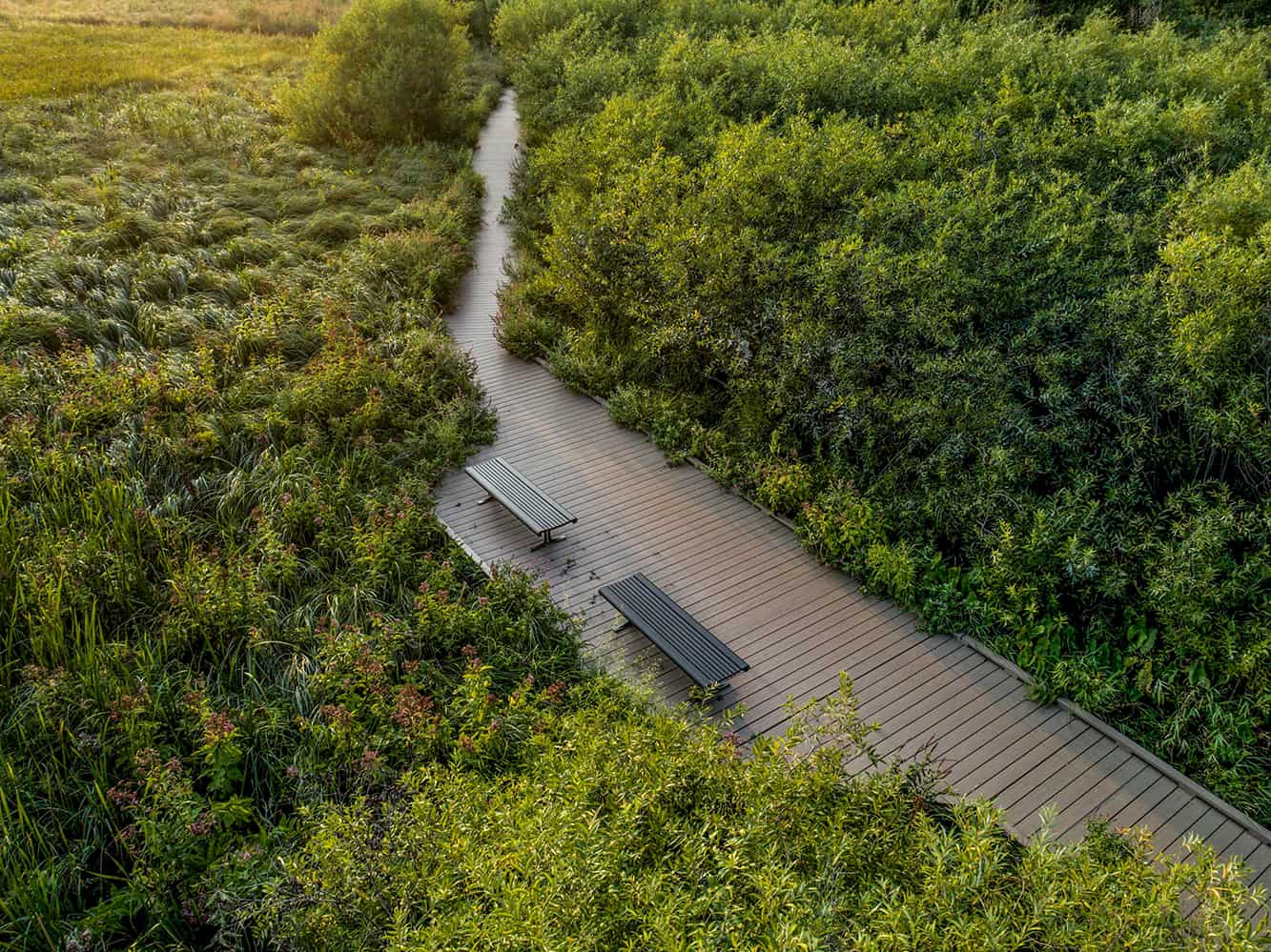 drone photo of two benches on walkway in Huff Park in Grand Rapids, MI