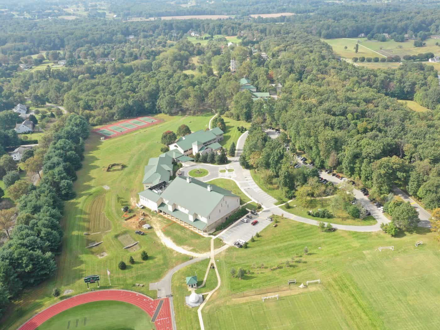 aerial drone photo of Glenelg Country School campus in Ellicott City, MD