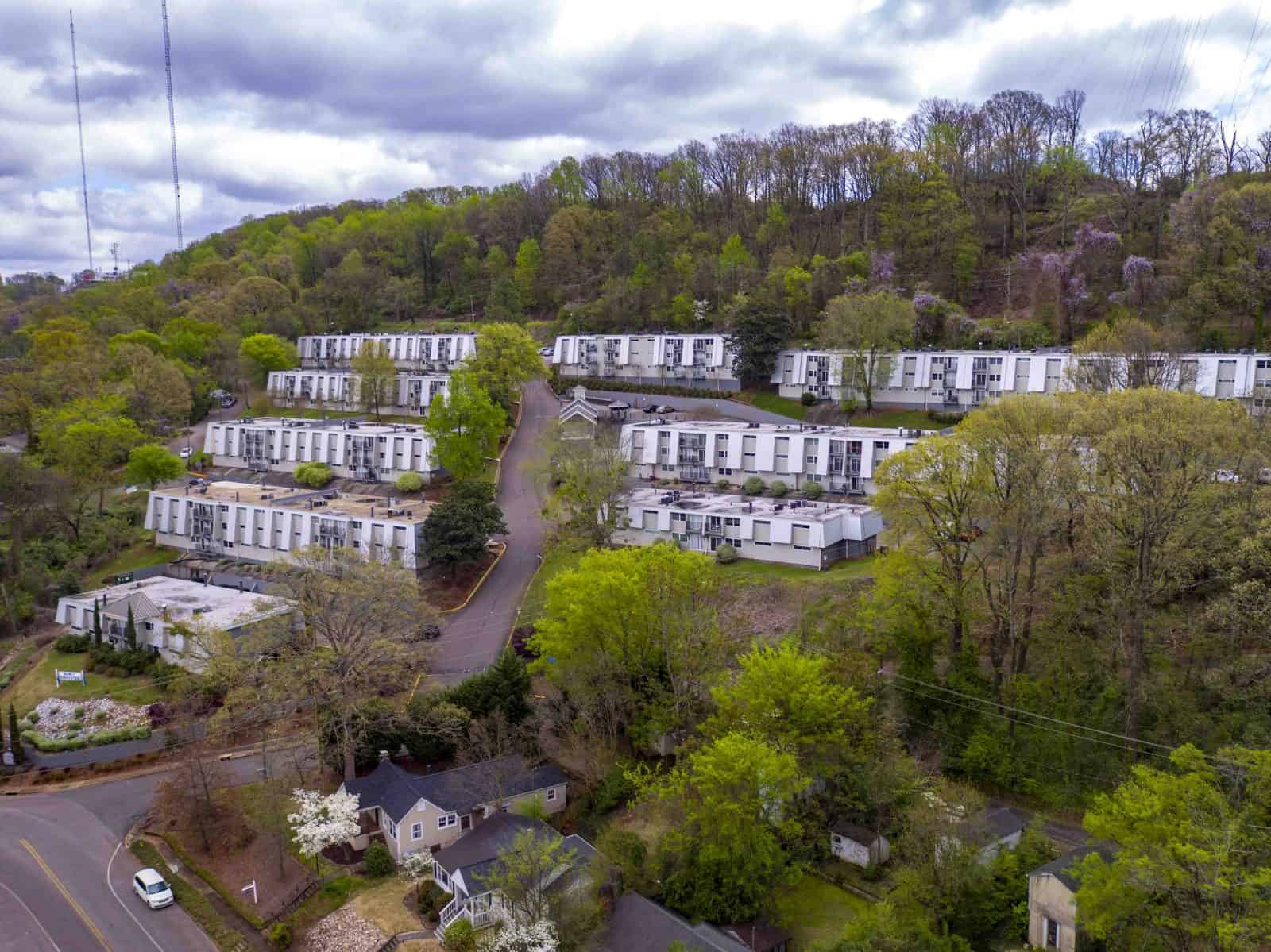 aerial drone photo of apartment buildings in mountainside in Glen Iris neighborhood, Birmingham, AL