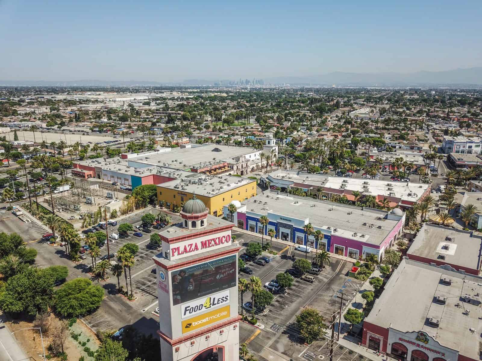 drone photo of shopping strip mall in Lynwood, CA