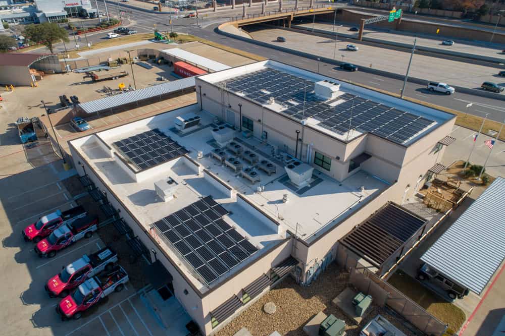 drone inspection of rooftop with solar panel installation