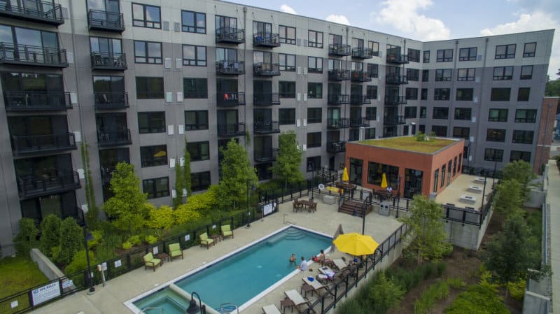 low altitude drone photo of hotel with pool in Ann Arbor, MI