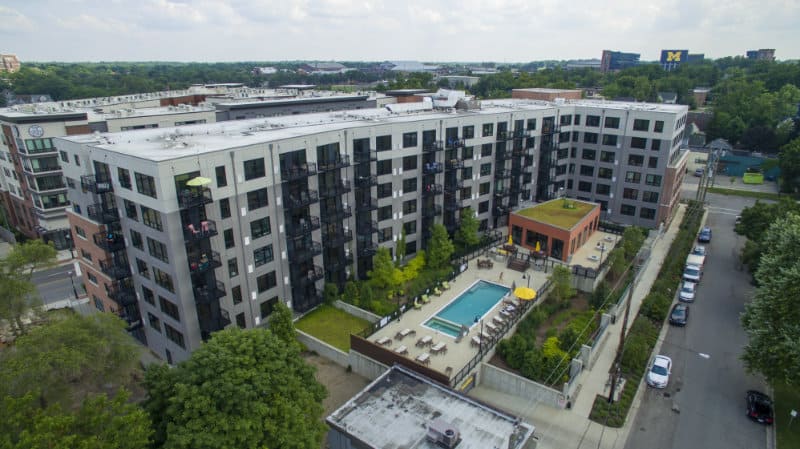 drone photo of hotel in Ann Arbor MI with swimming pool in back