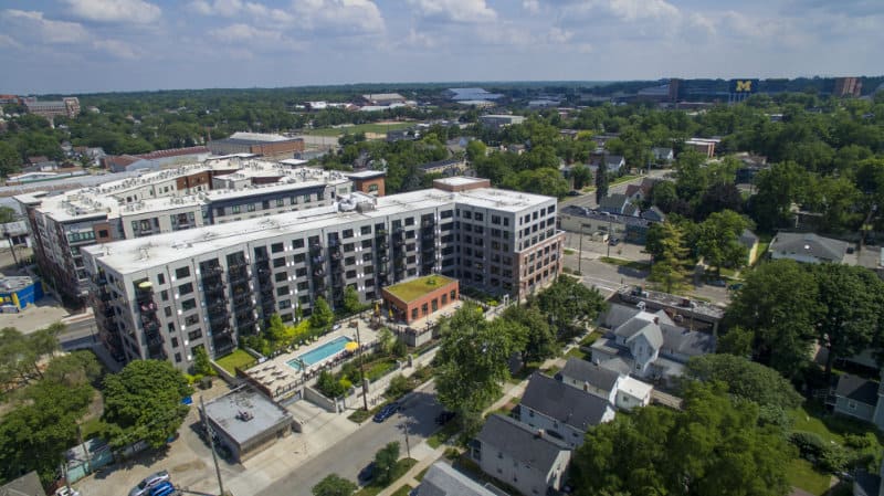 high altitude drone photo of hotel in Ann Arbor, MI