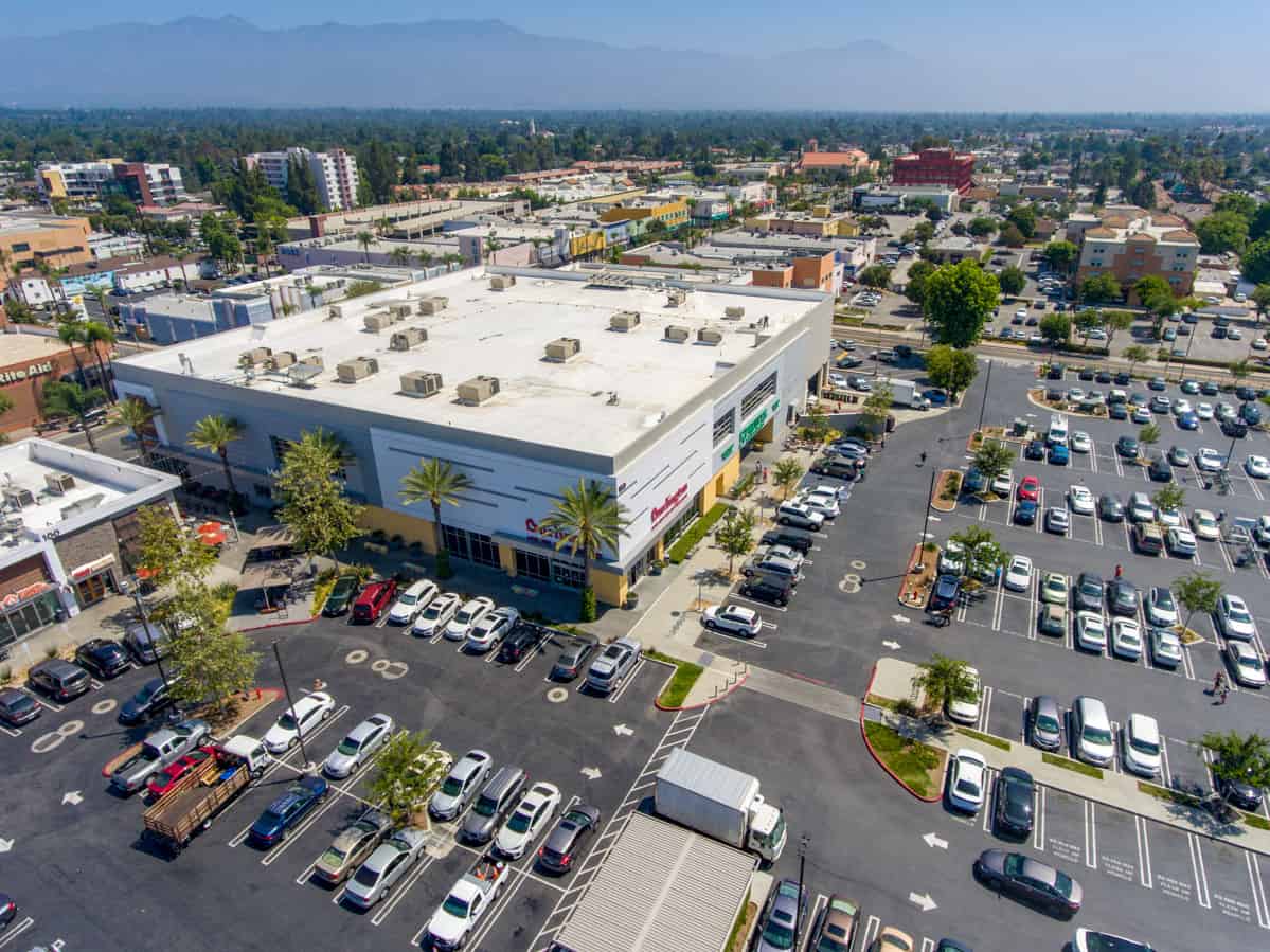 aerial drone photo of commercial shopping center in Alhambra, CA