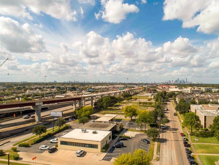 aerial drone photo of highway leading into Houston, Texas