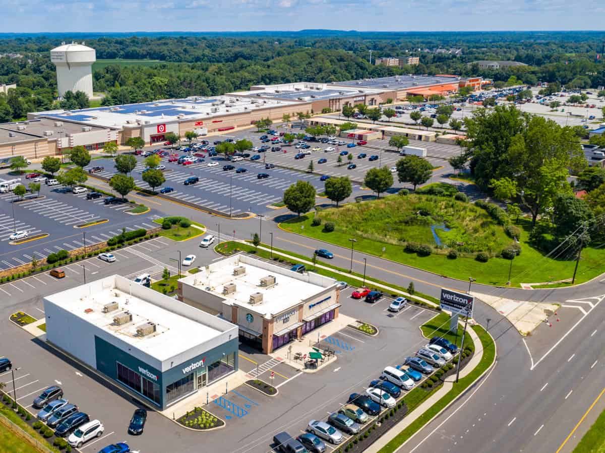 aerial drone photo of commercial strip mall in Burlington Township, NJ