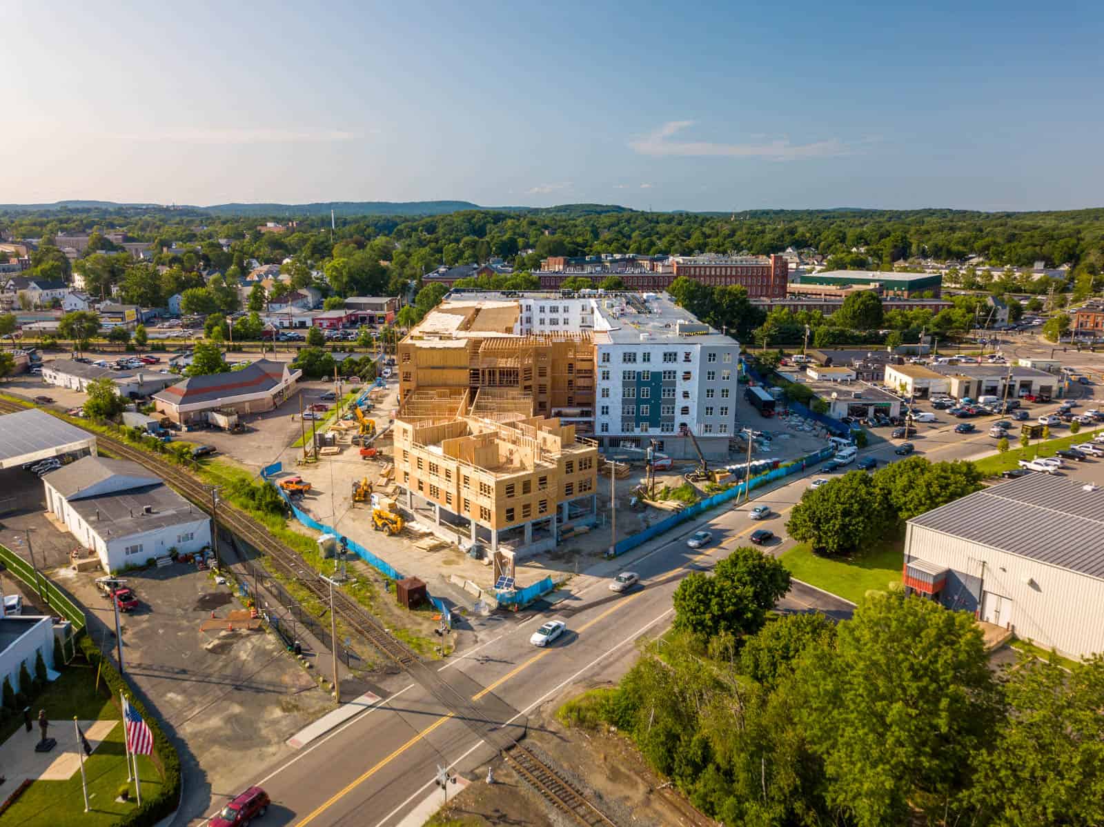 low altitude aerial drone photo of construction progress project in Framingham, MA