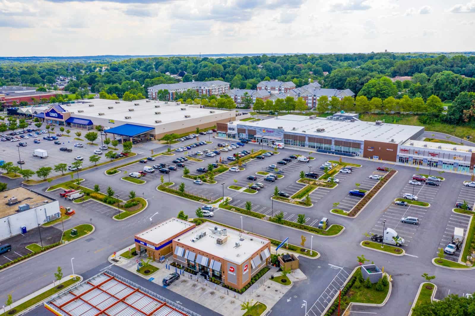 aerial drone photo of shopping plaza in Baltimore, Maryland